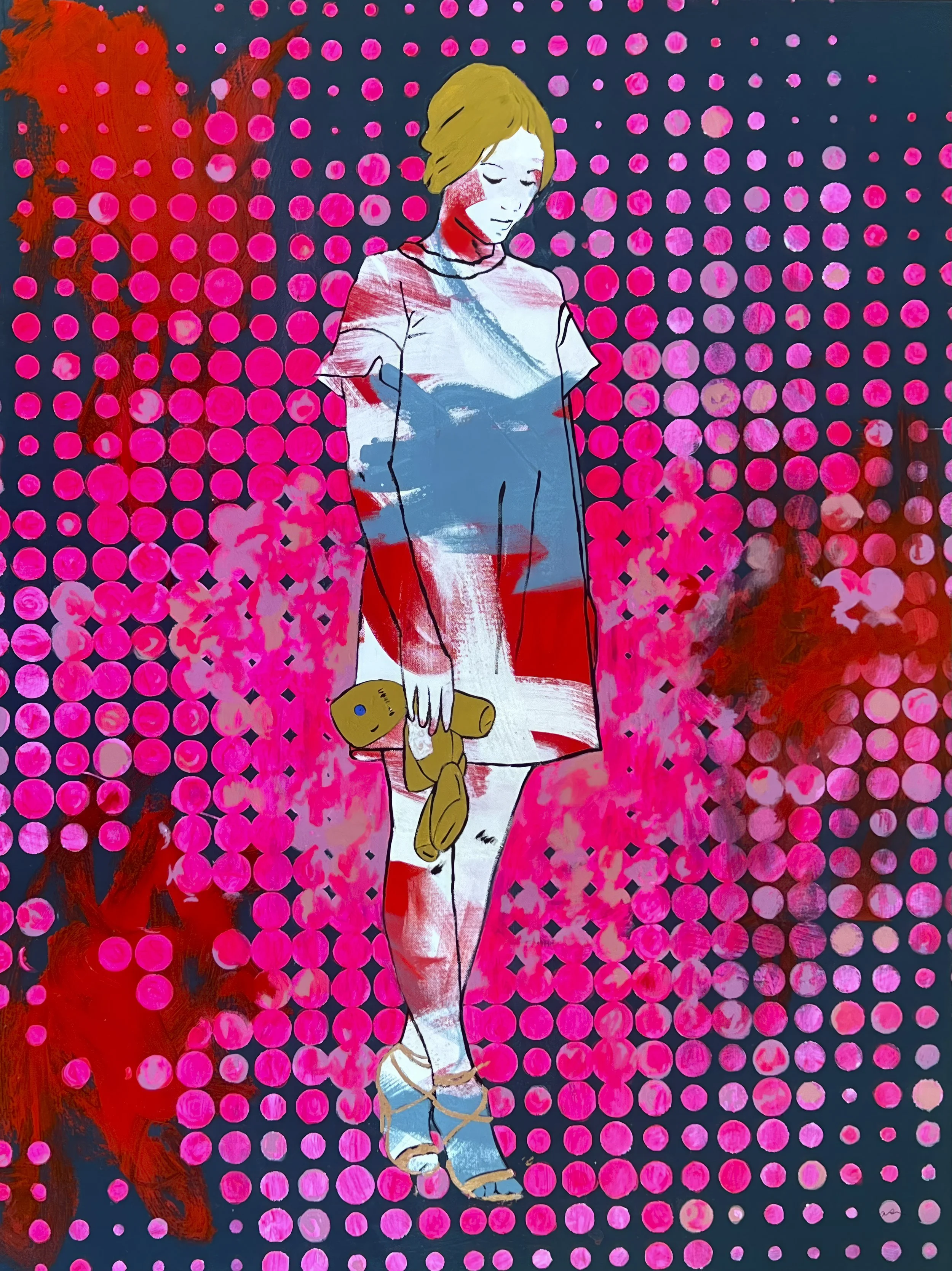 Falling Away from Me by Alissa Van Atta, contemporary figurative acrylic painting featuring a solitary female figure holding a stuffed animal against a vibrant pink polka-dot background.