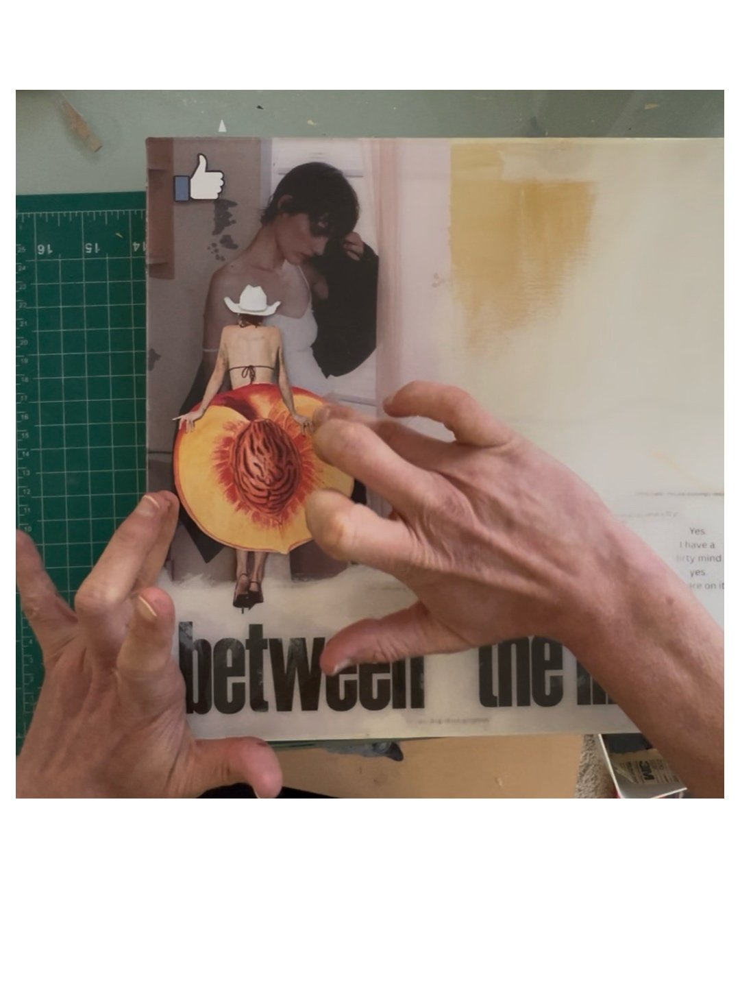Artist Alissa Van Atta arranging collage elements during the creation process of a contemporary mixed media feminist artwork.