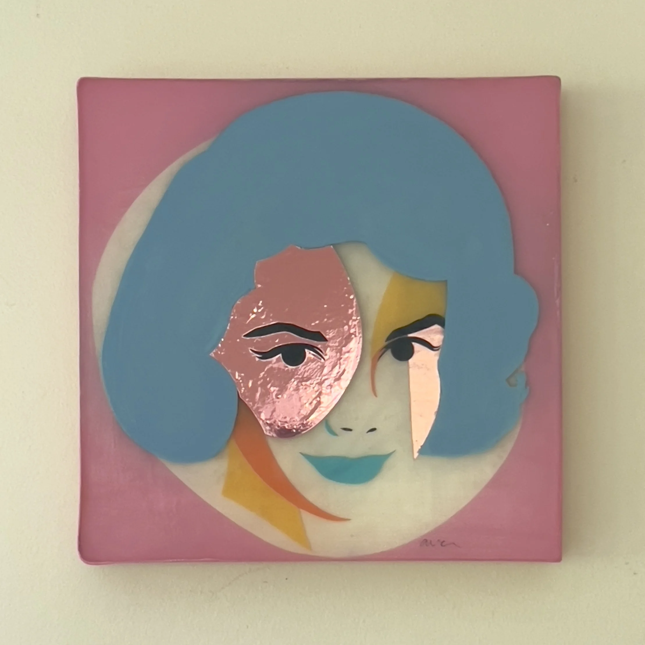 Full view of Ingrid, a 12-inch mixed media portrait with turquoise hair against a soft pink background