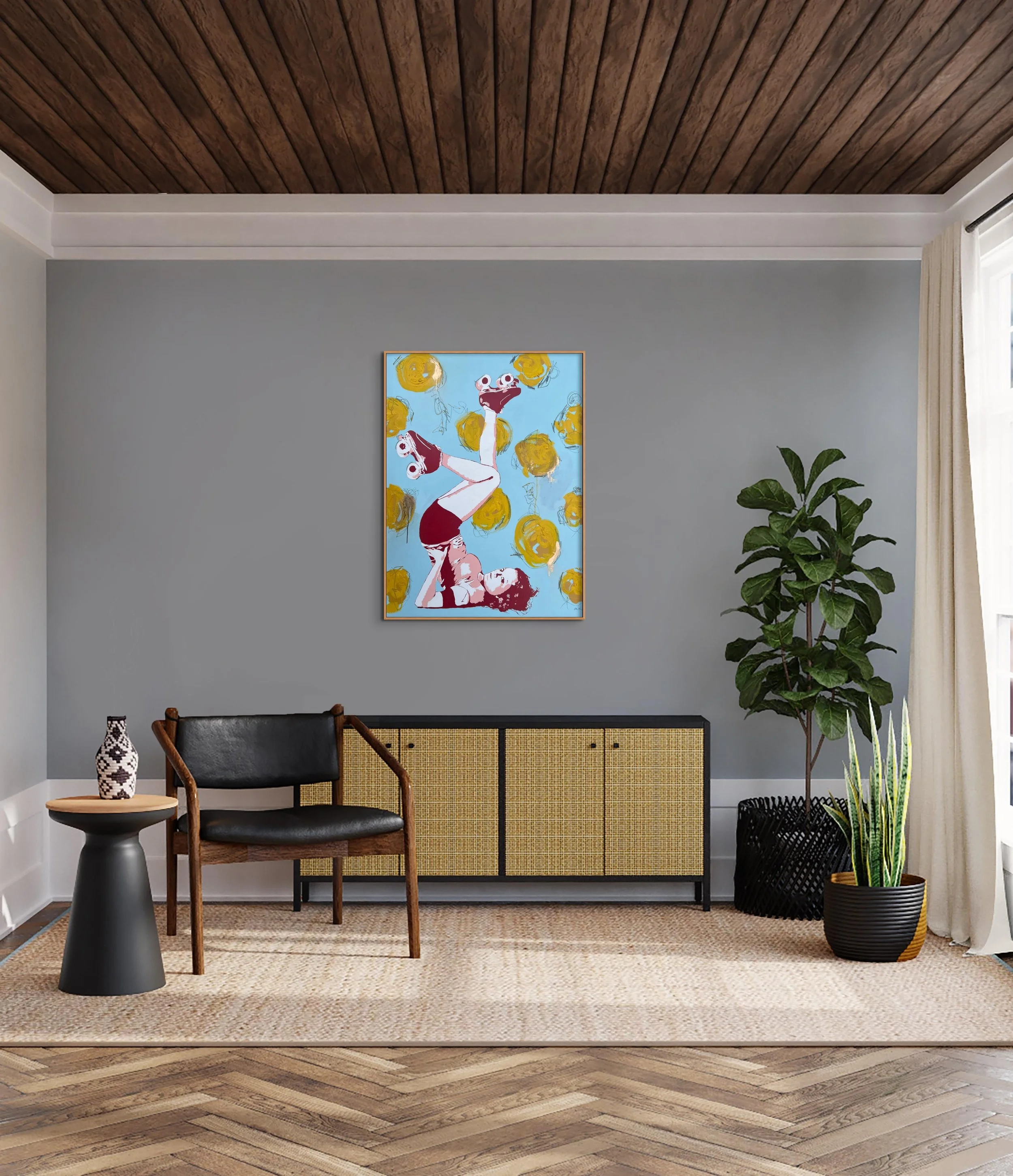 Round and Round, a colorful 48 by 36 inch contemporary figurative painting by Alissa Van Atta, displayed above a wooden console in a modern living space.