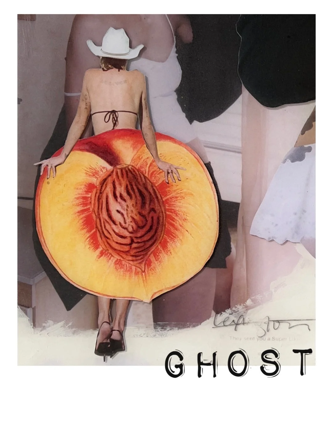 Close-up detail from contemporary mixed media artwork featuring a peach collage figure, handwritten text, and layered feminist imagery.