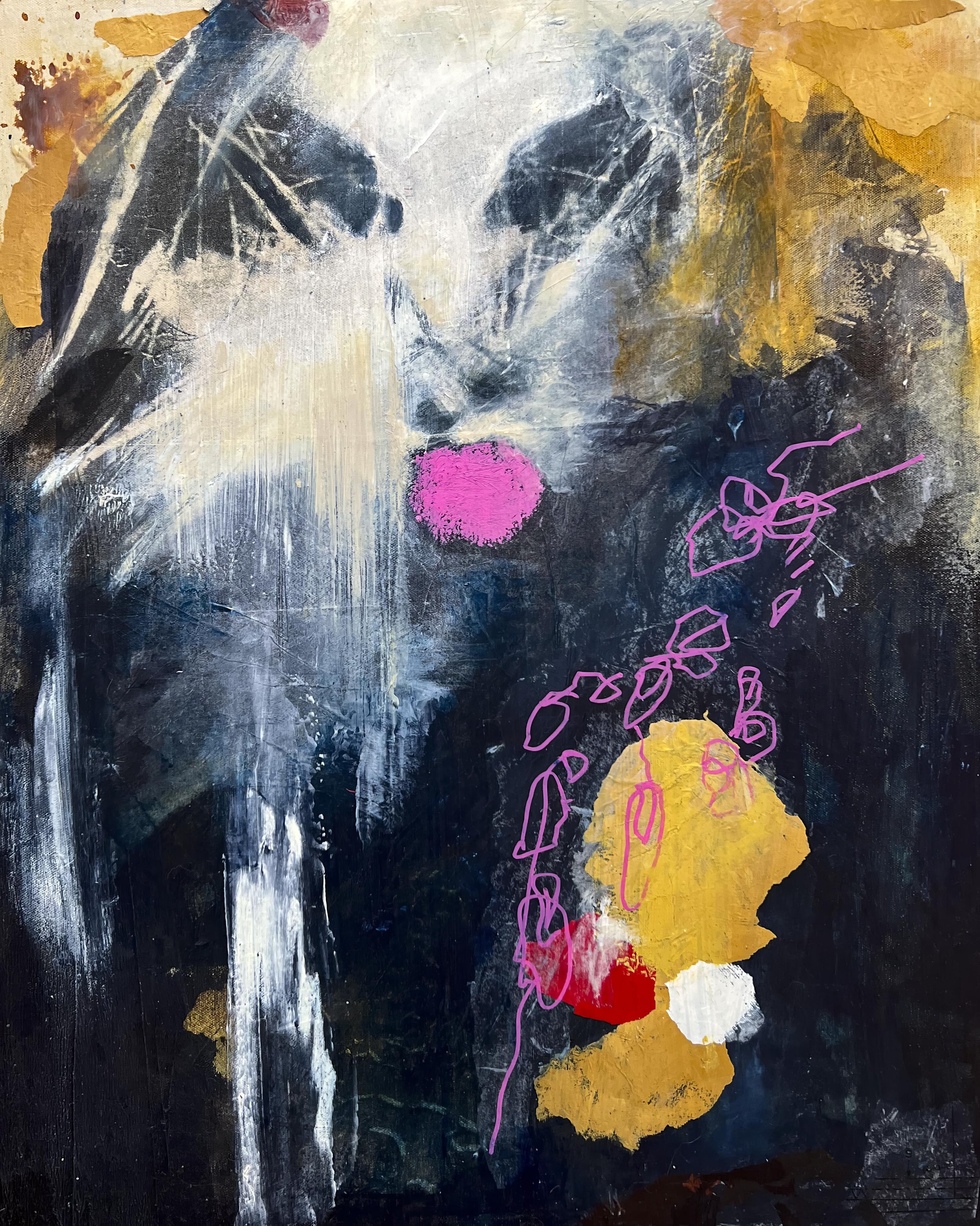 The Siren by Alissa Van Atta, original mixed media portrait of a woman's face emerging from dark charcoal, blue, and ochre textures, with vivid pink lips and expressive pink lines.