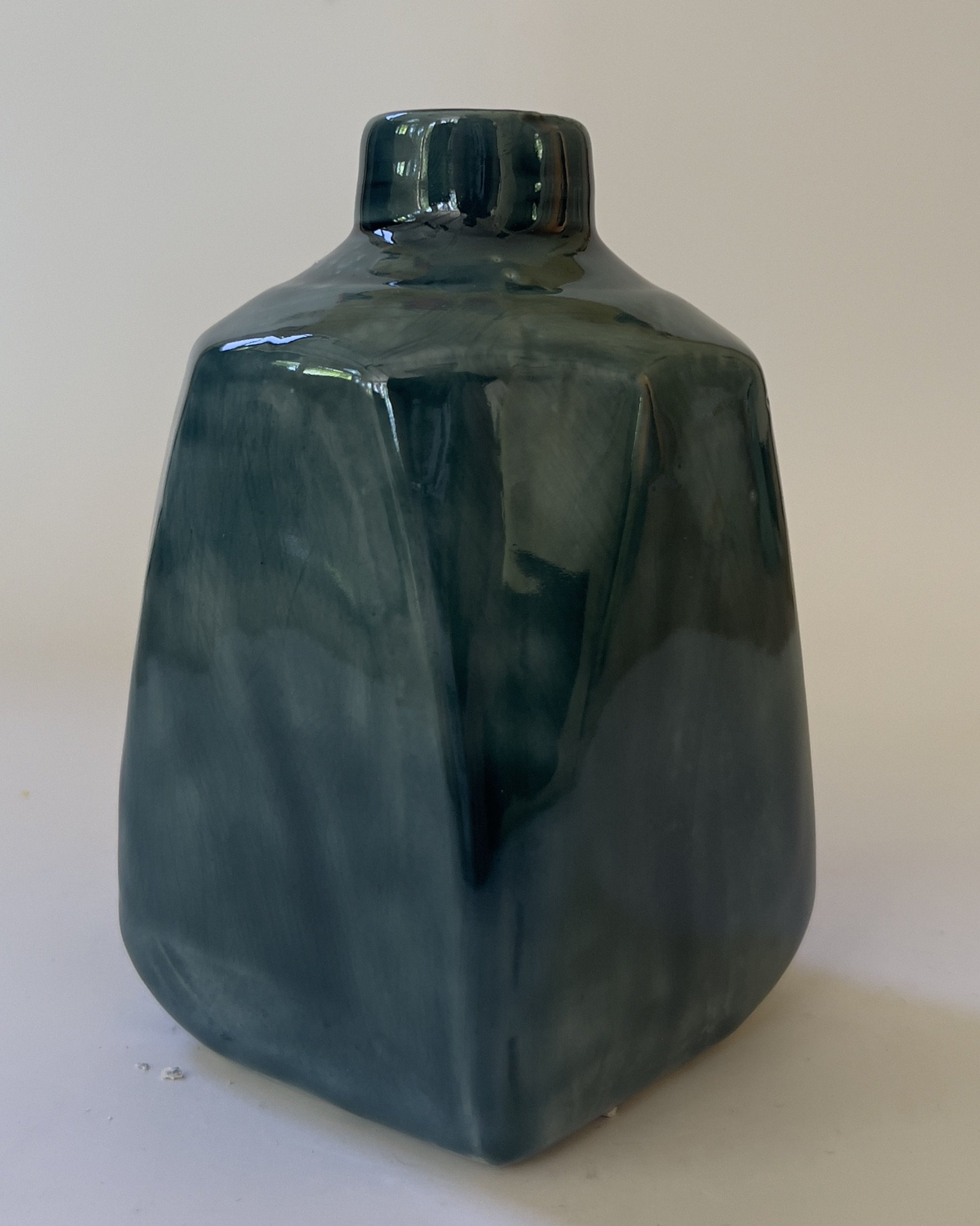 Angular handmade ceramic vase with layered rainforest glaze finish