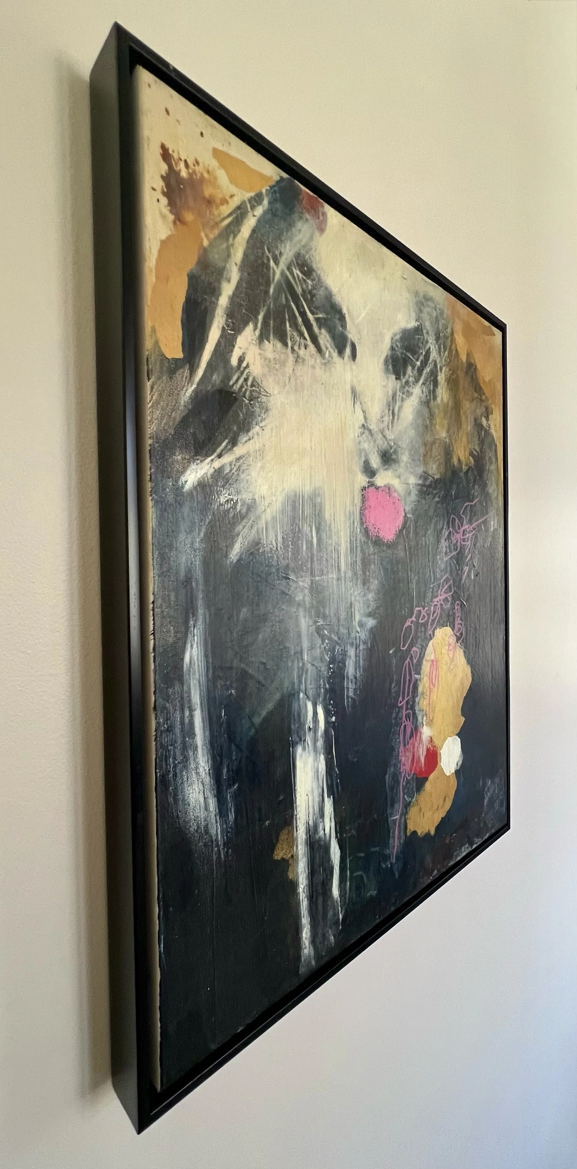Angled view of The Siren, a framed original cold wax and mixed media painting by Alissa Van Atta, showing the artwork's layered texture and physical depth.