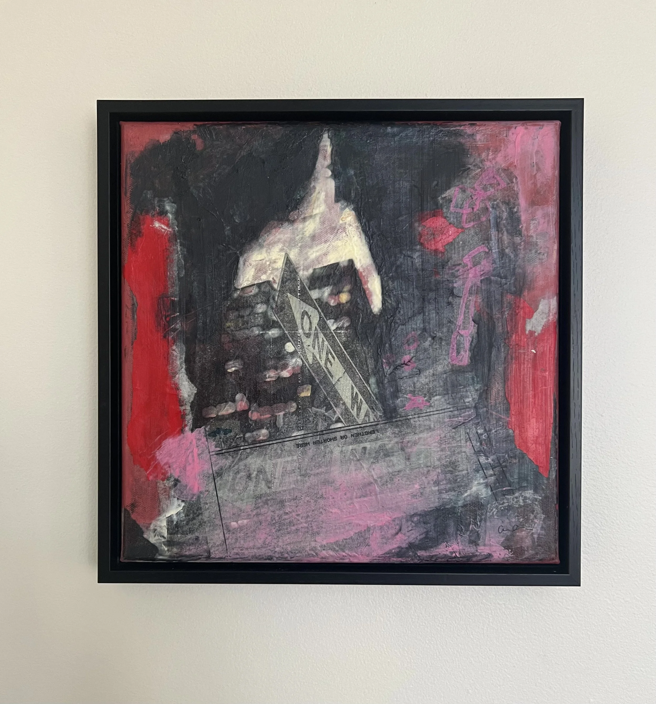 Framed view of My Way, an original 12 by 12 inch cold wax and mixed media painting inspired by New York City by artist Alissa Van Atta.