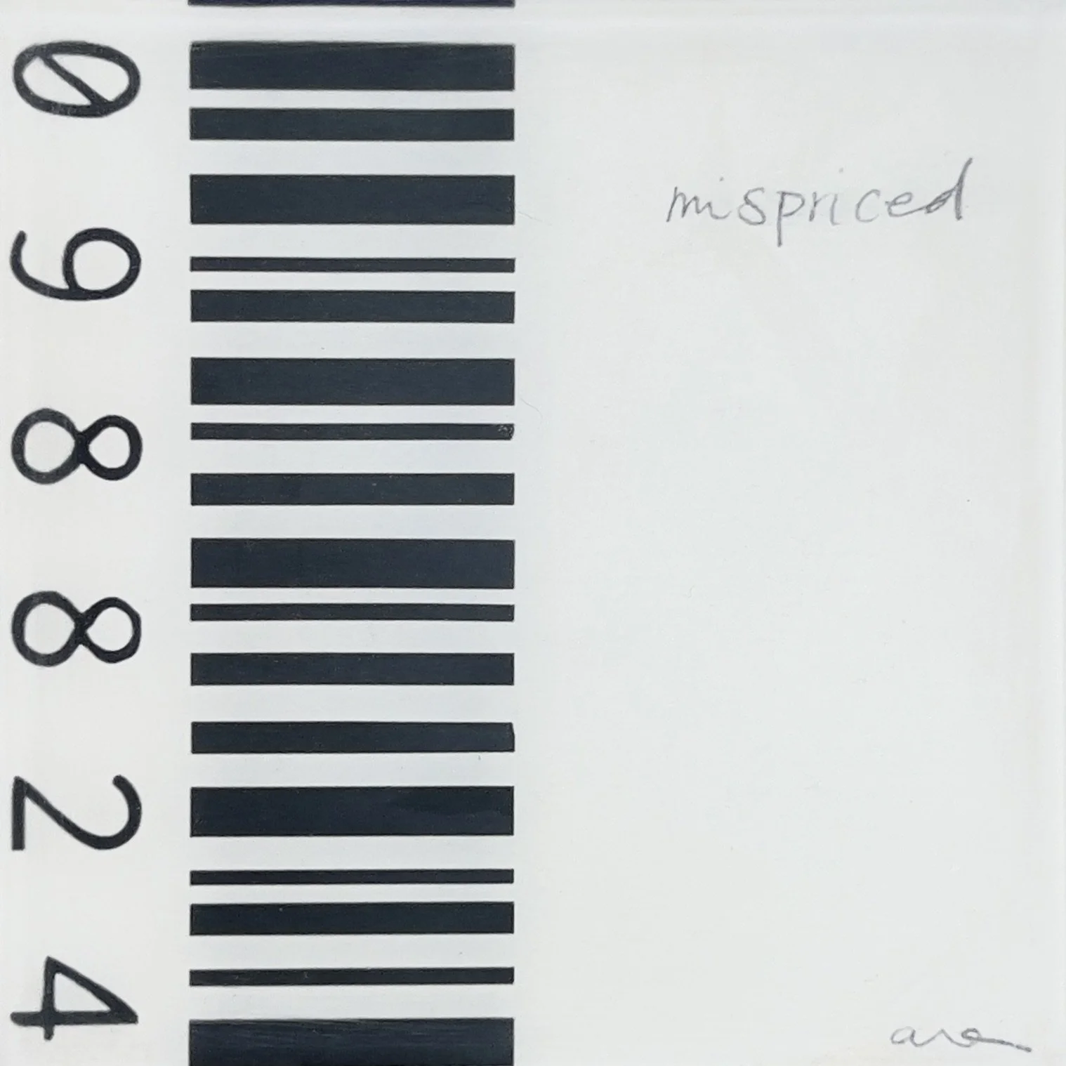Mispriced by Alissa Van Atta, original black-and-white feminist barcode artwork with horizontal black stripes, vertical numbers, and delicate handwritten mispriced text.