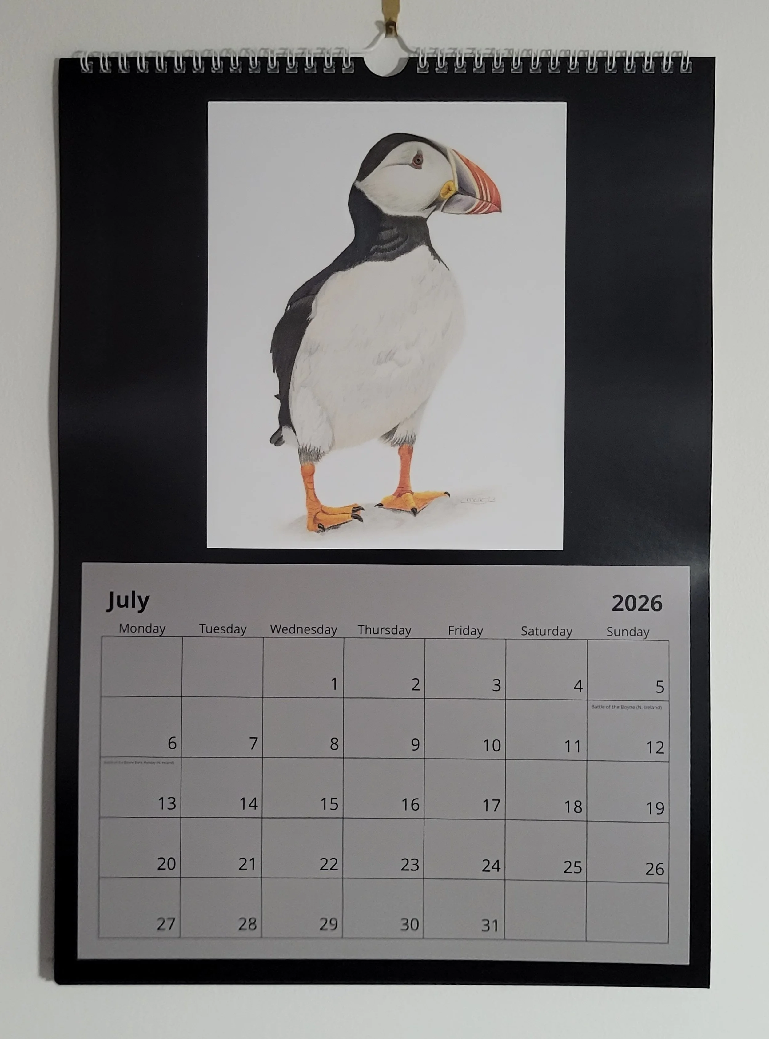 2026 British wildlife A3 wall calendar. A puffin features for July.