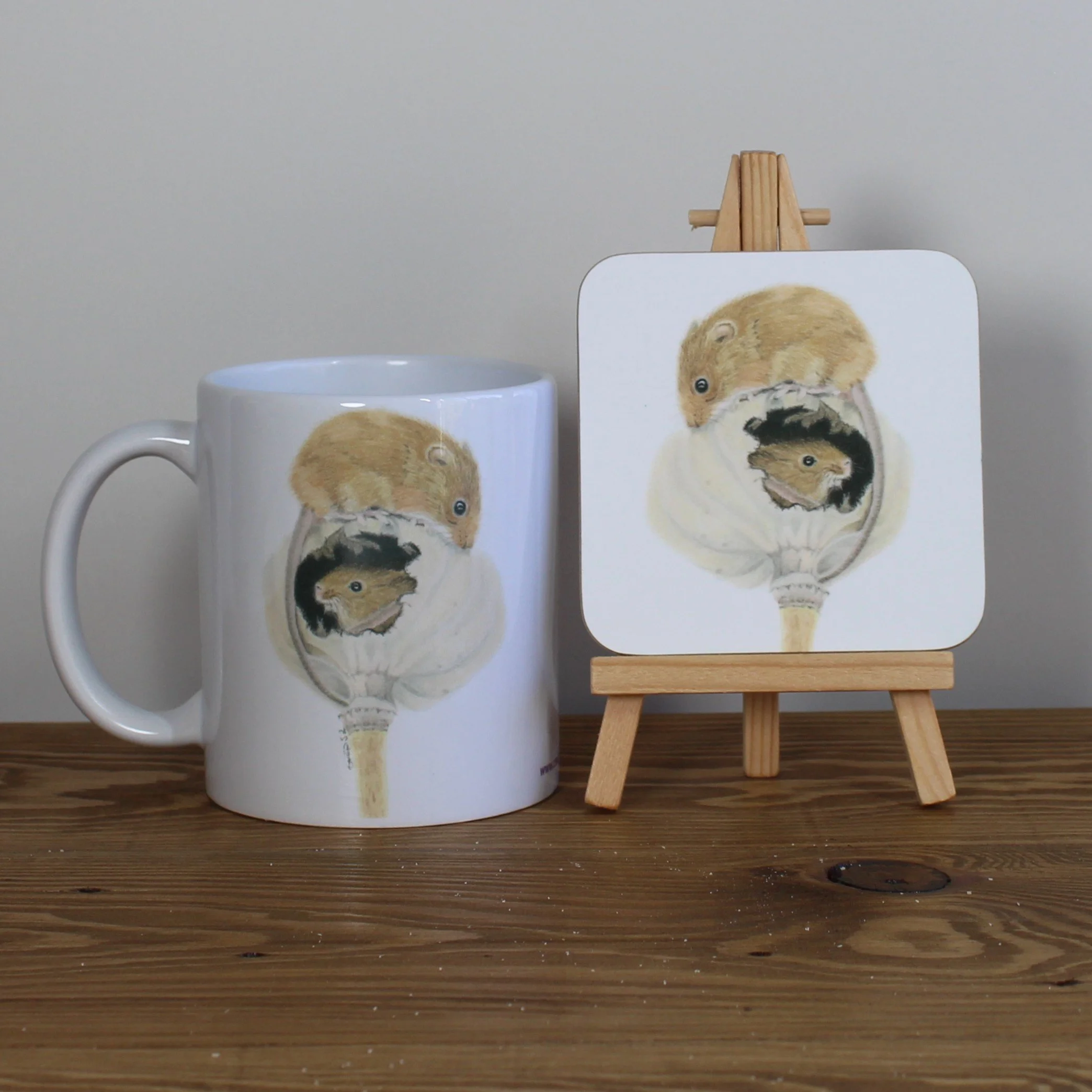 Individual glossy harvest mice coaster with matching mug.