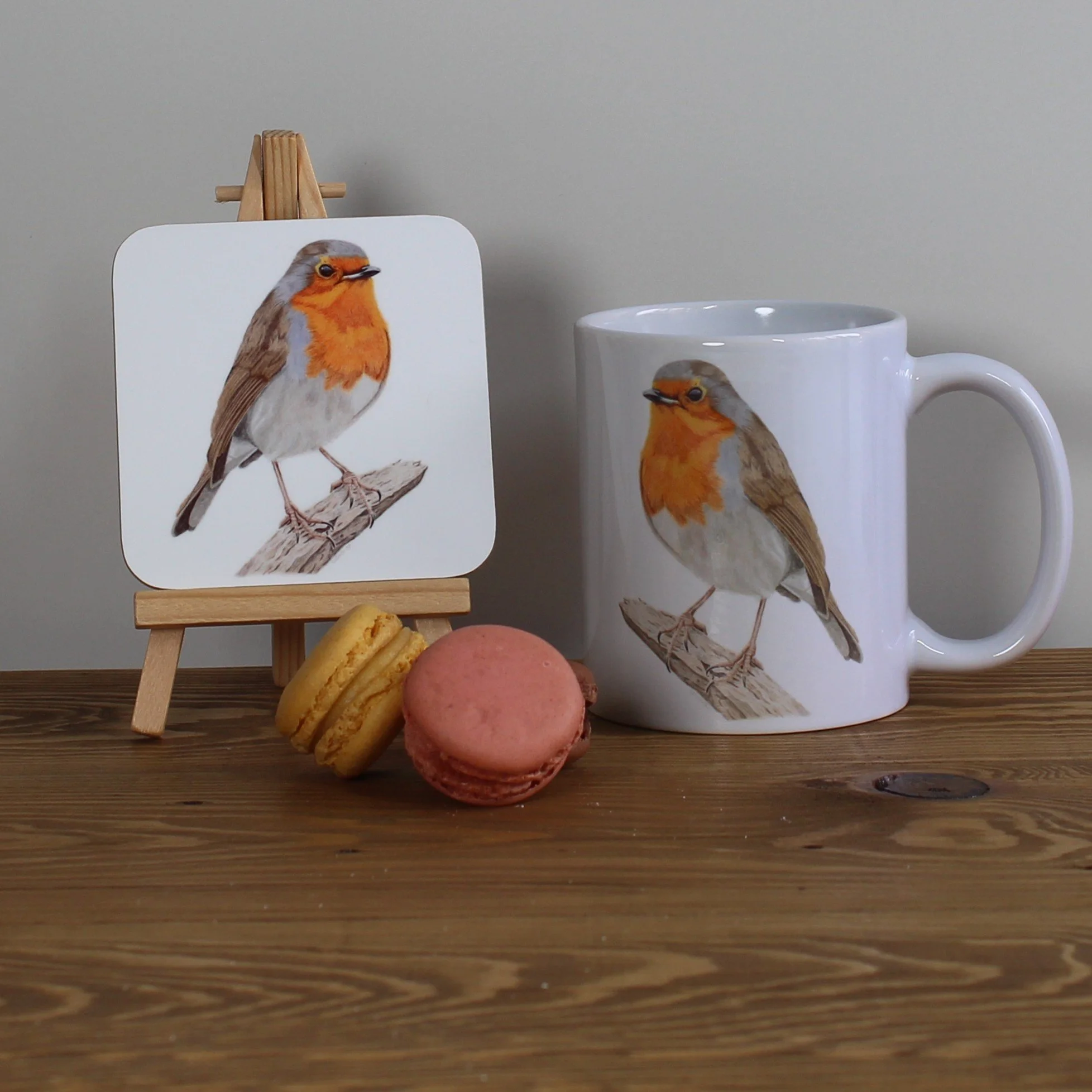 Individual glossy robin coaster and matching mug.