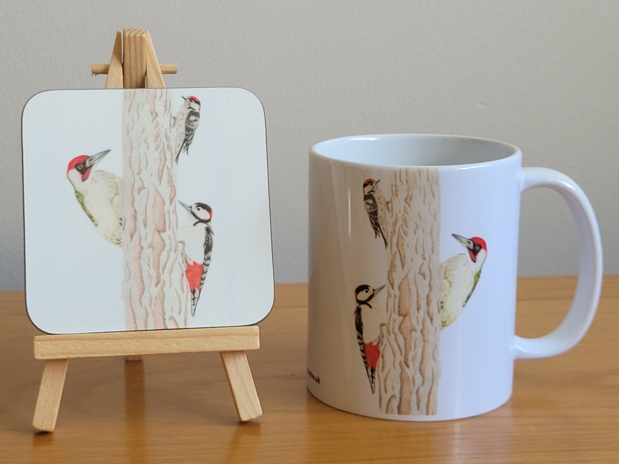 Woodpeckers mug and coaster gift set (green, great spotted and lesser spotted woodpeckers)