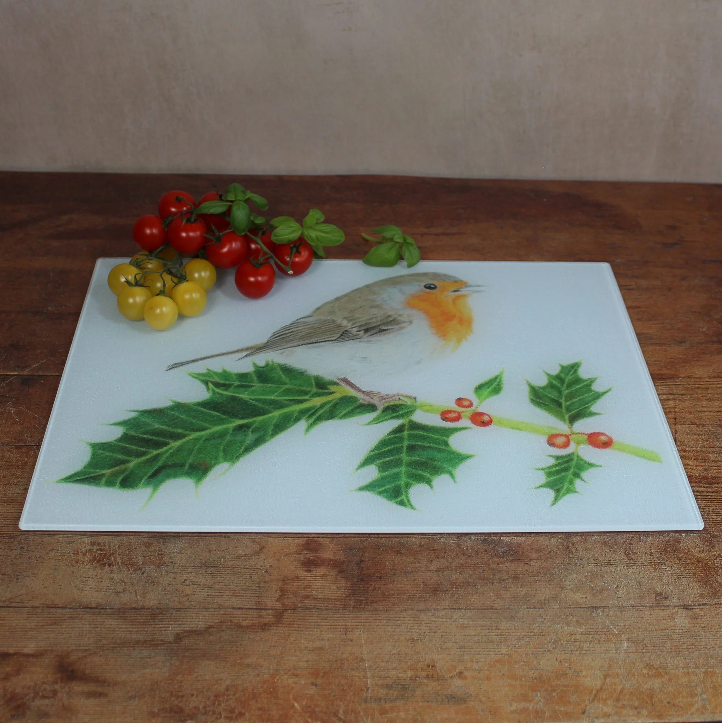 Robin on holly large glass chopping board / worktop saver