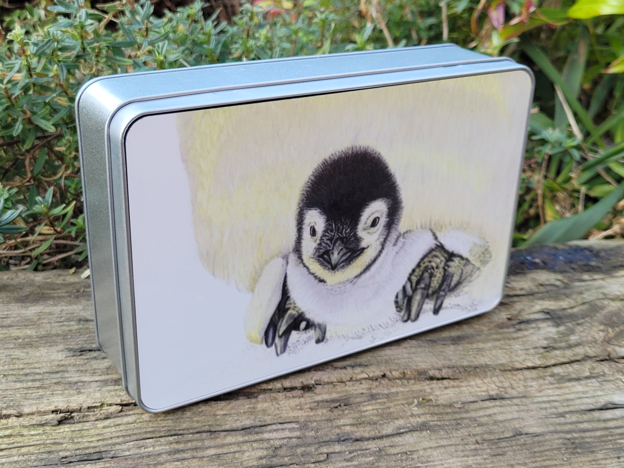 Metal storage tins with beautiful wildlife designs. Kingfisher, penguin chick and bullfinch.