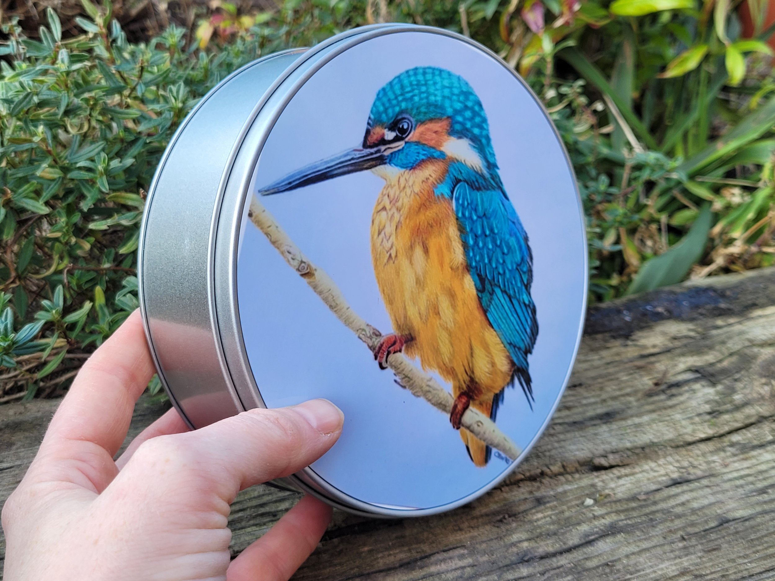 Metal storage tins with beautiful wildlife designs. Kingfisher, penguin chick and bullfinch.