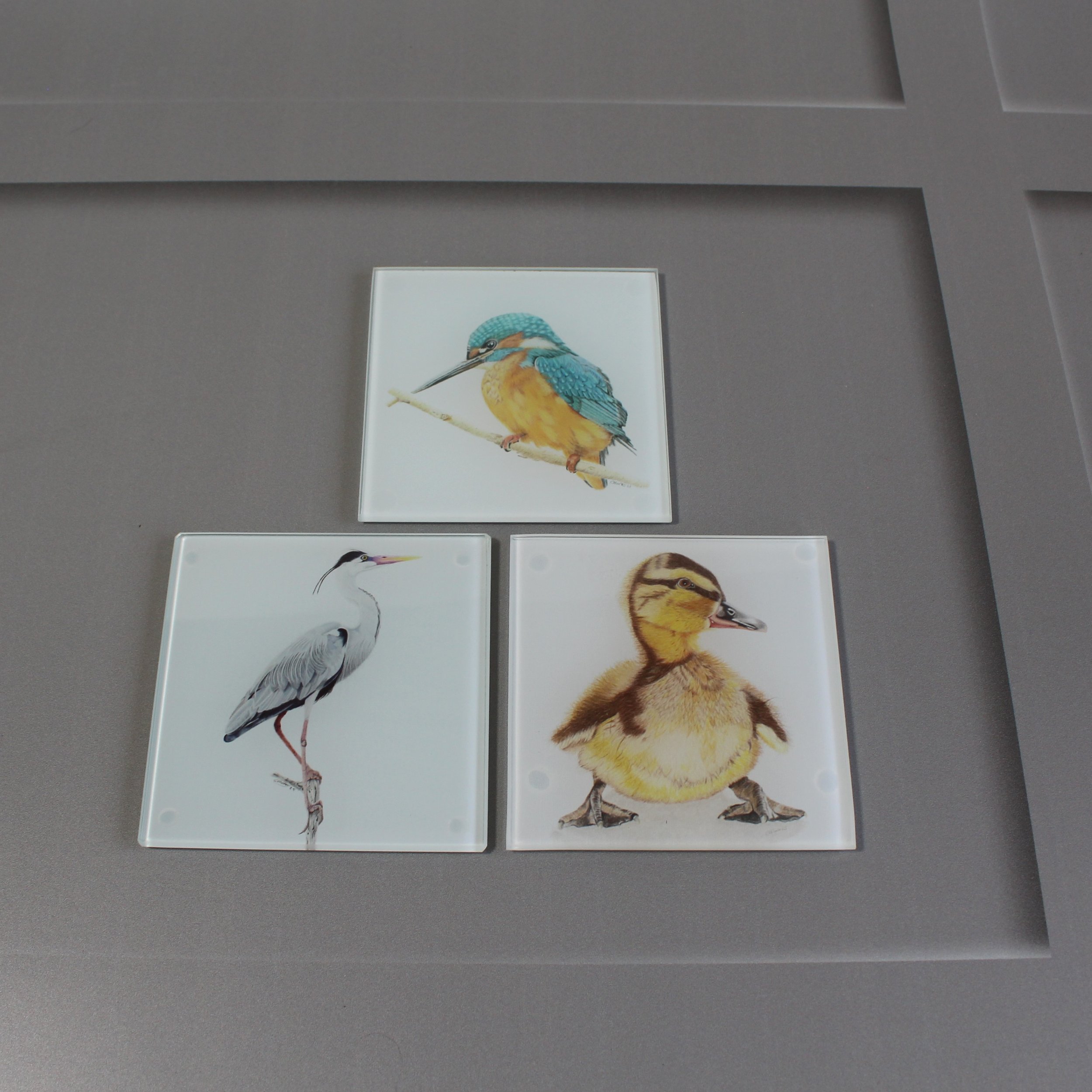 Kingfisher, heron and duckling glass coasters.