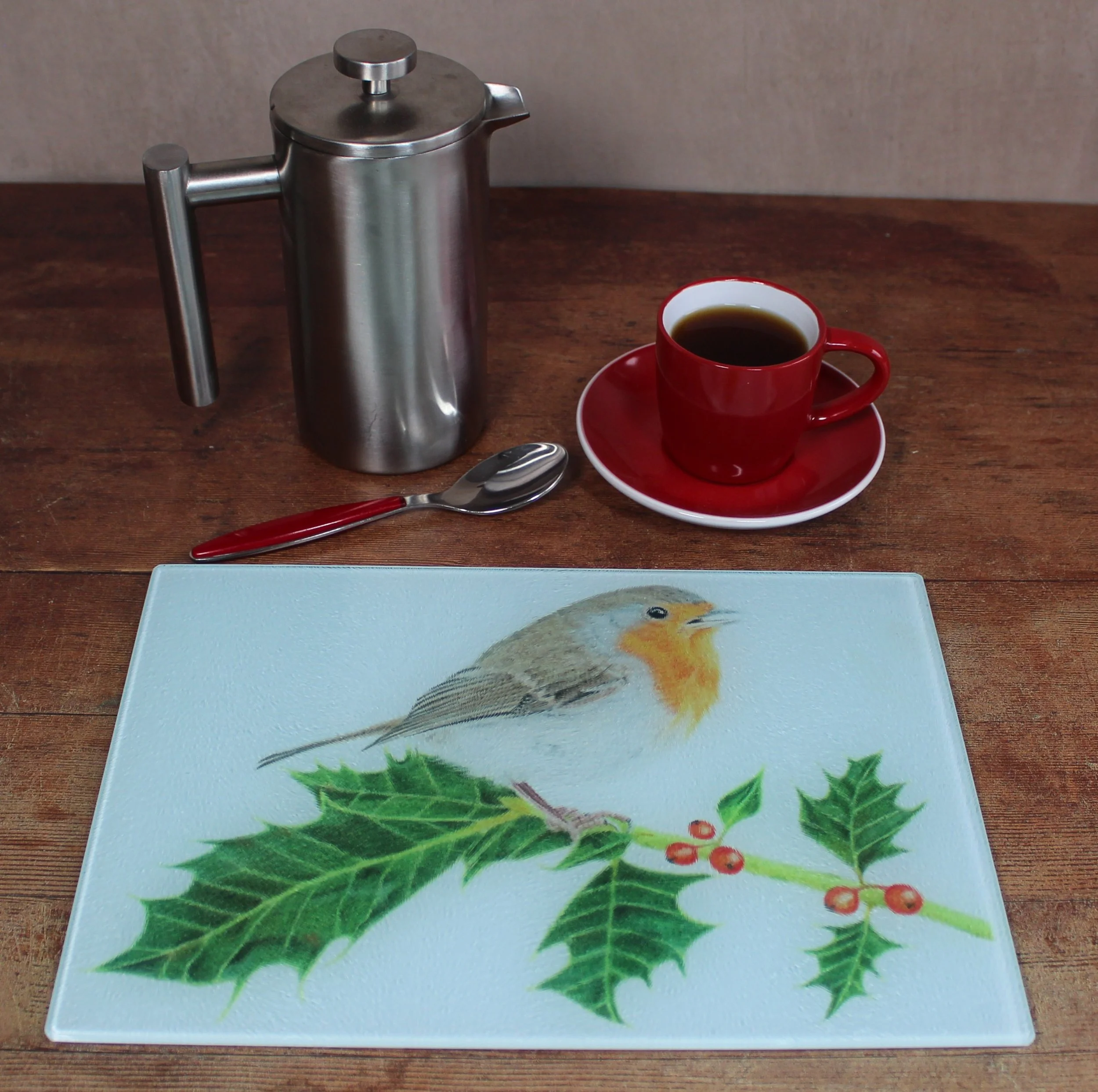 Robin on holly small glass chopping board / worktop saver.