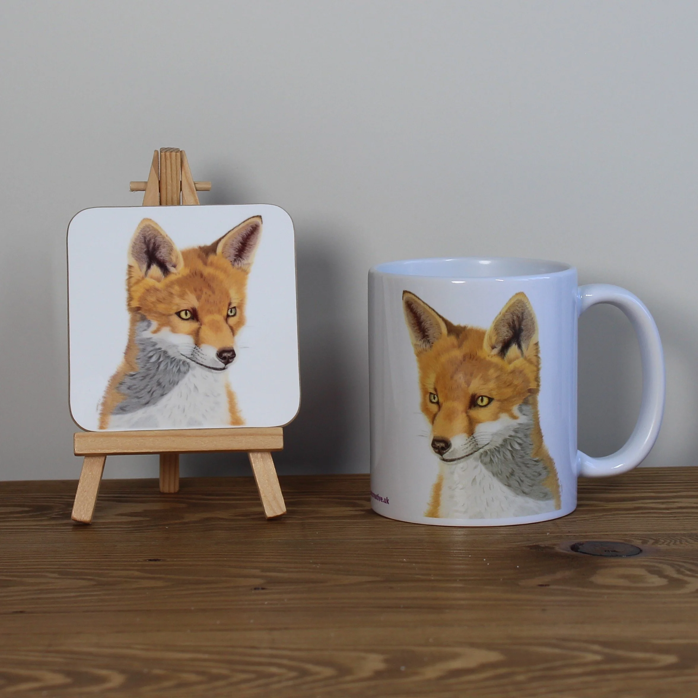 Individual glossy gazing fox coaster and matching mug.