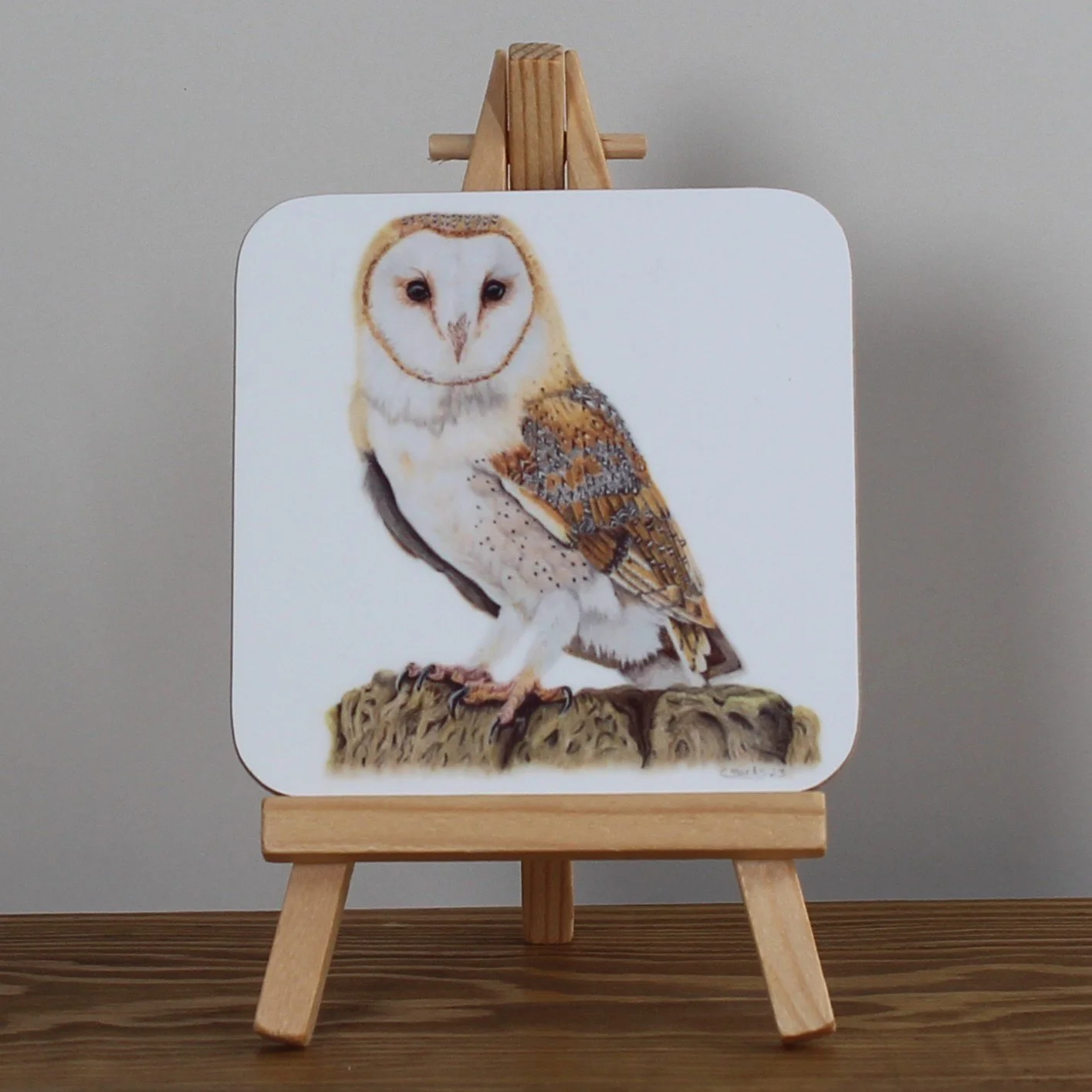 Individual glossy barn owl coaster.