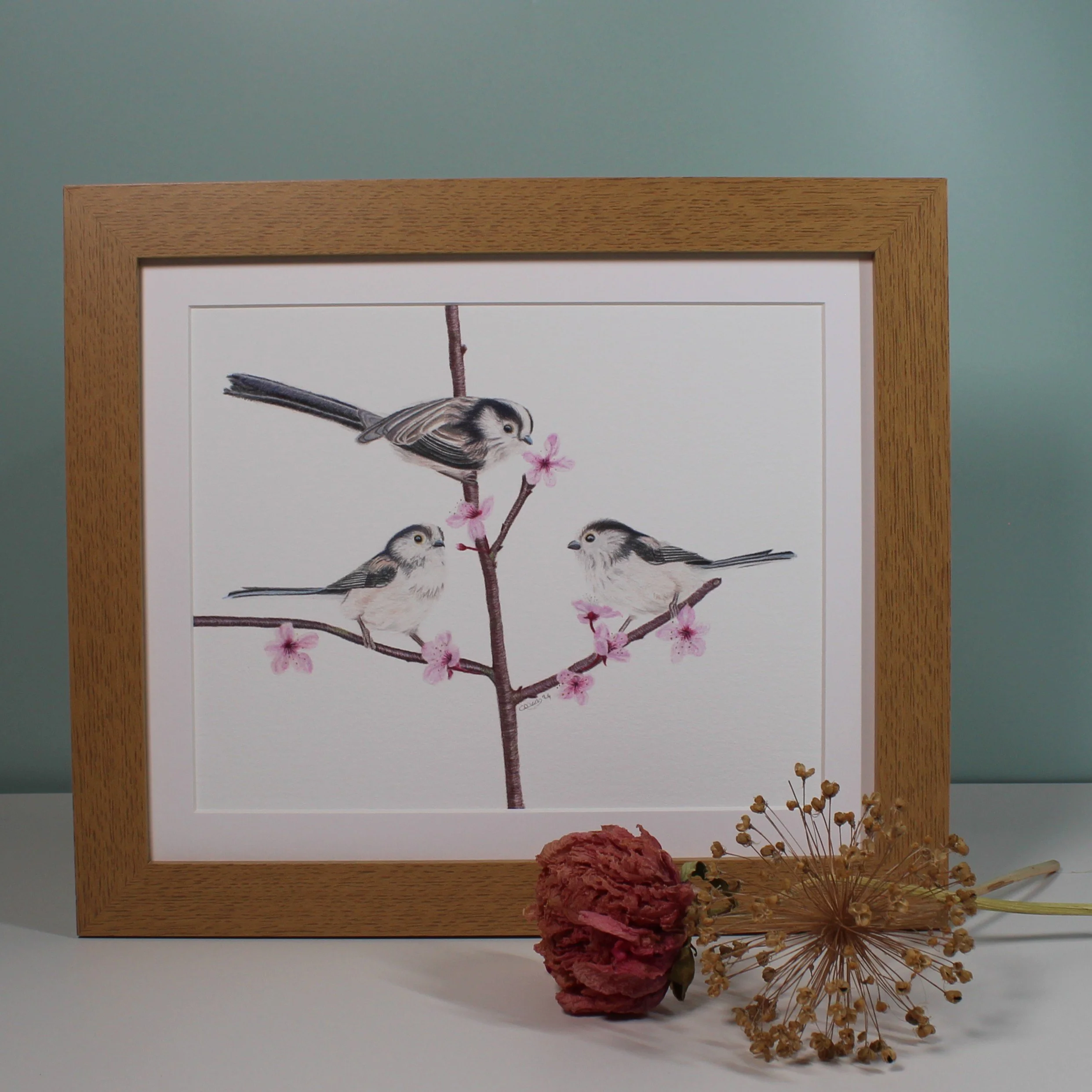 Long tailed tits large framed fine art print