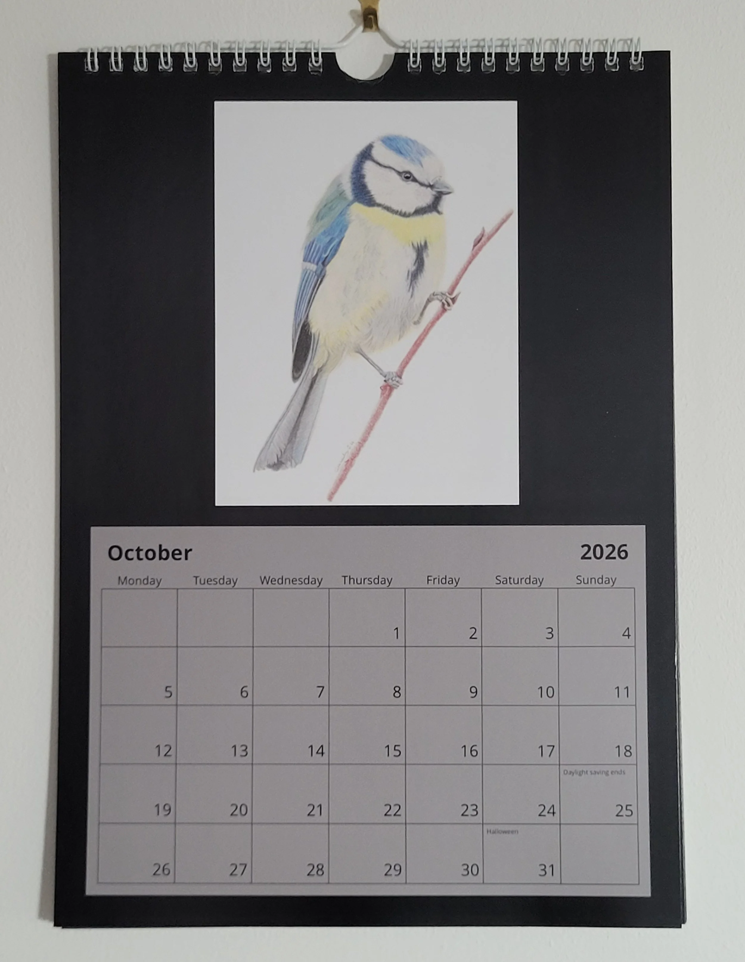 2026 wall calendar with British wildlife artwork. A blue tit is featured in October.