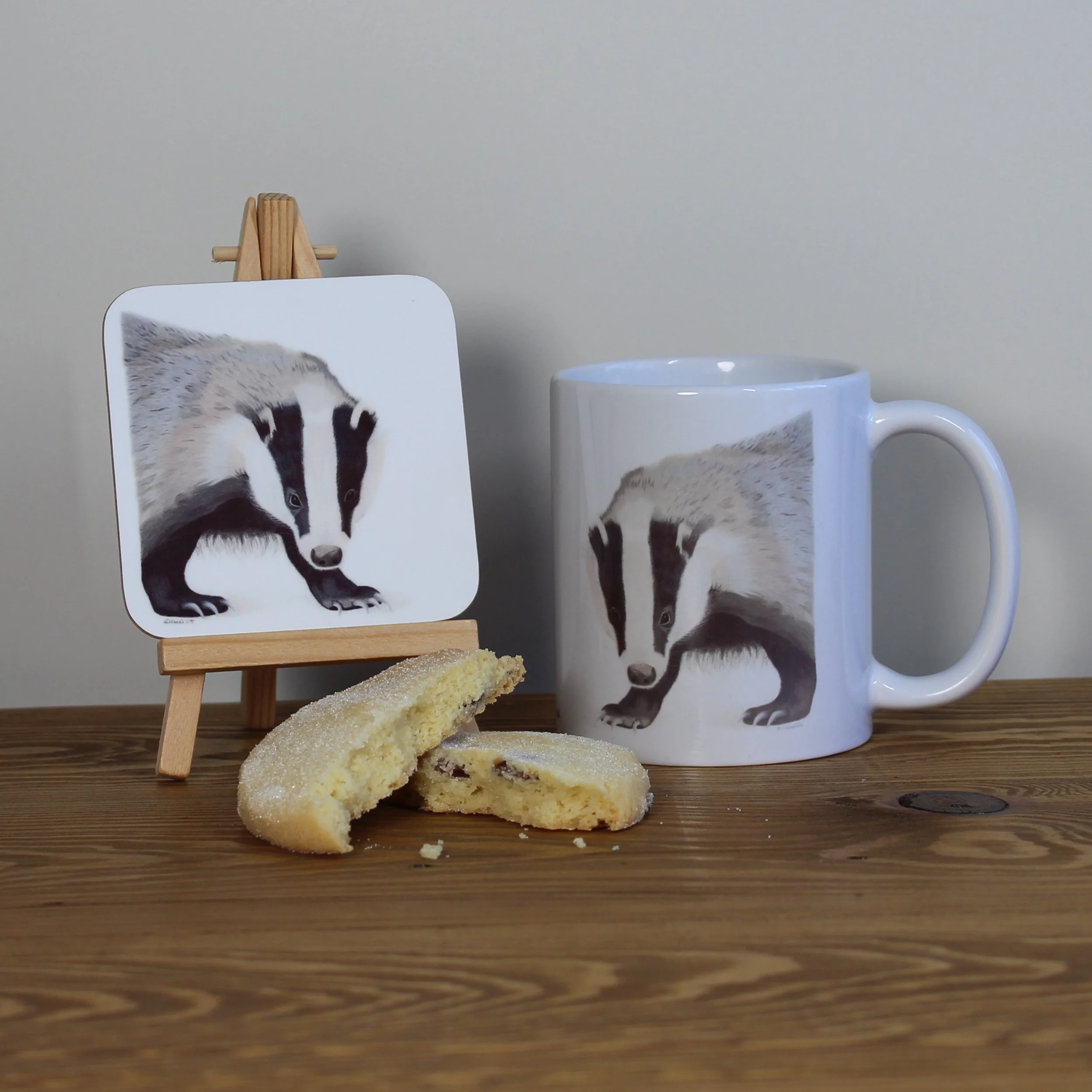Individual glossy badger coaster and mug.