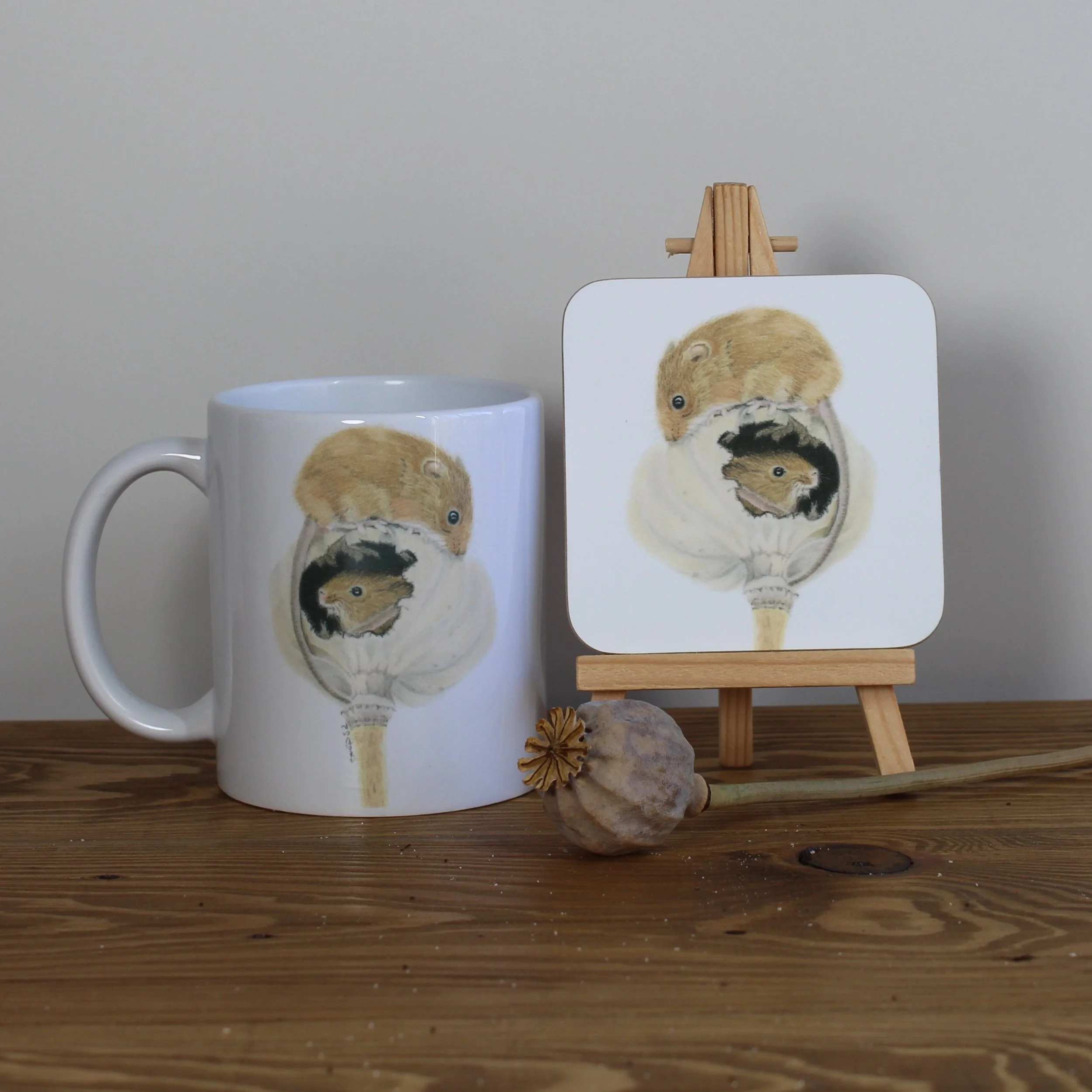 Individual glossy harvest mice coaster with matching mug.
