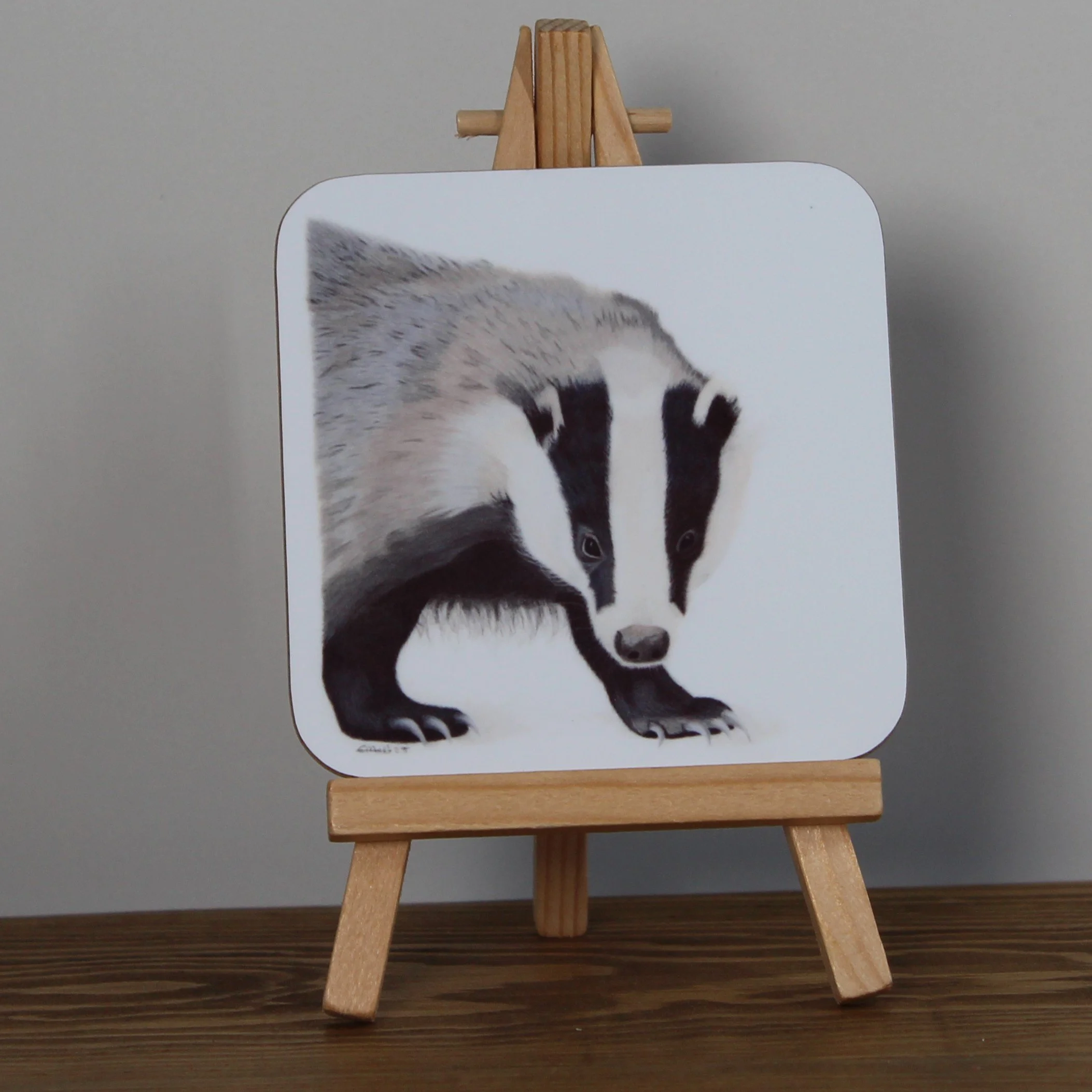 Individual glossy badger coaster.