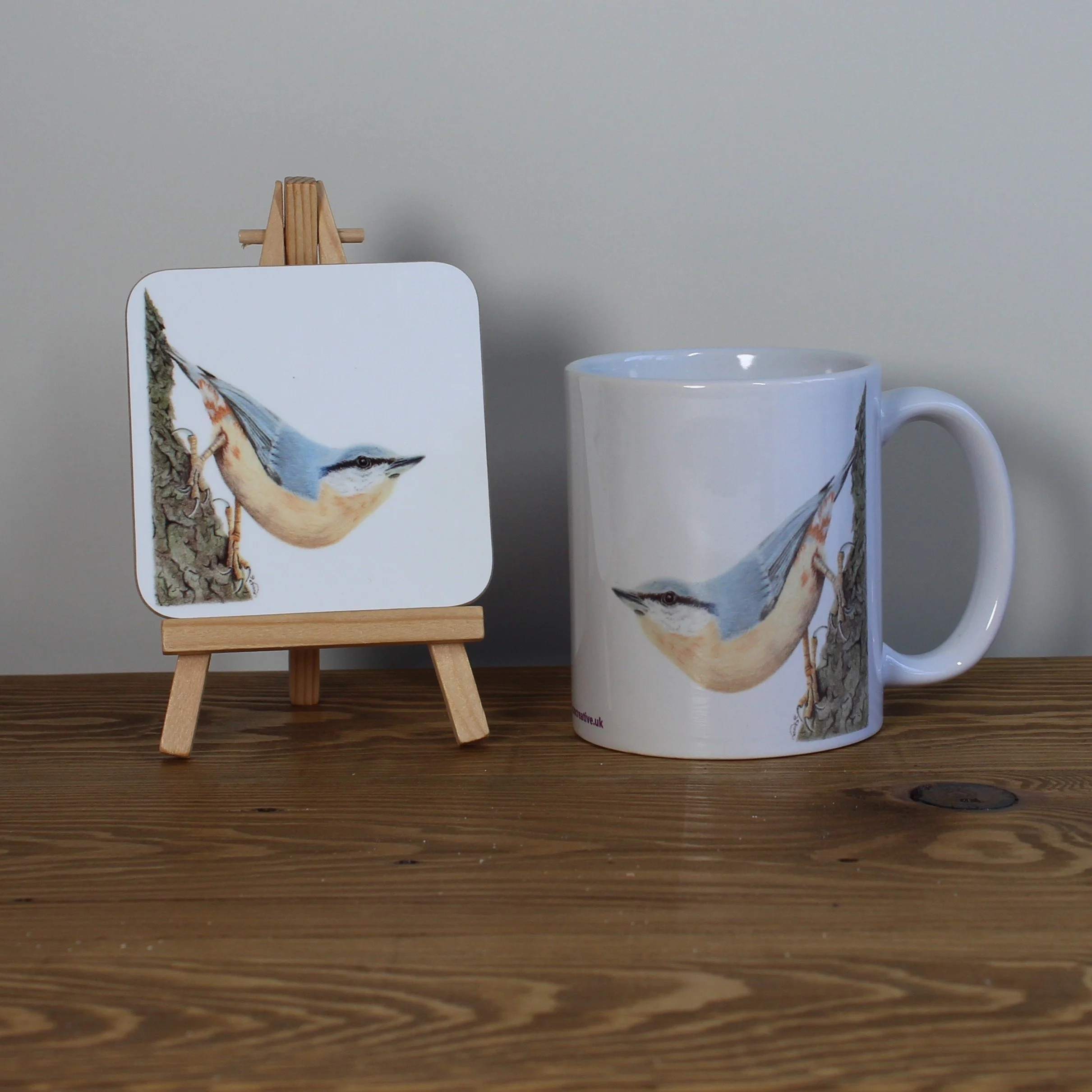 Individual glossy nuthatch coaster and matching mug.