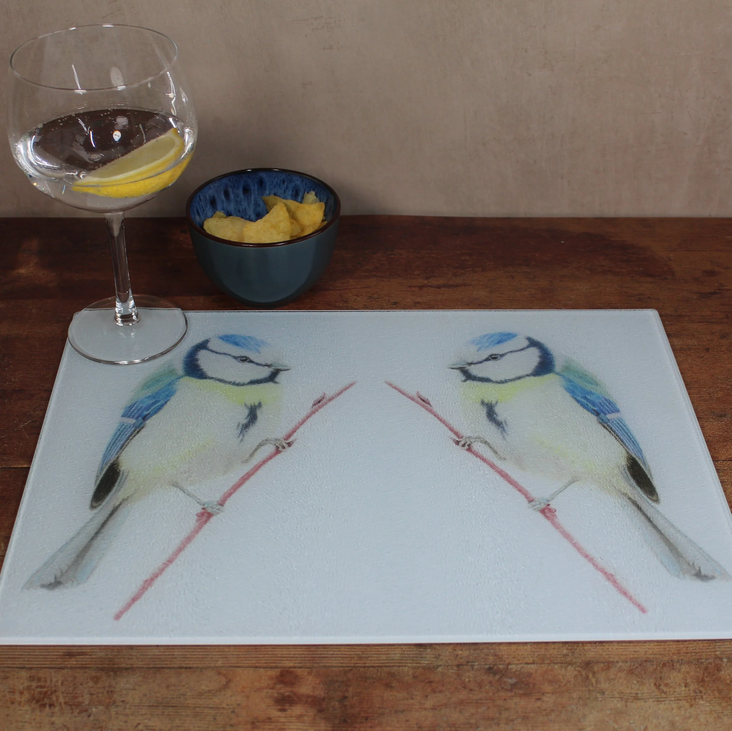 Blue tit large glass chopping board / worktop saver.