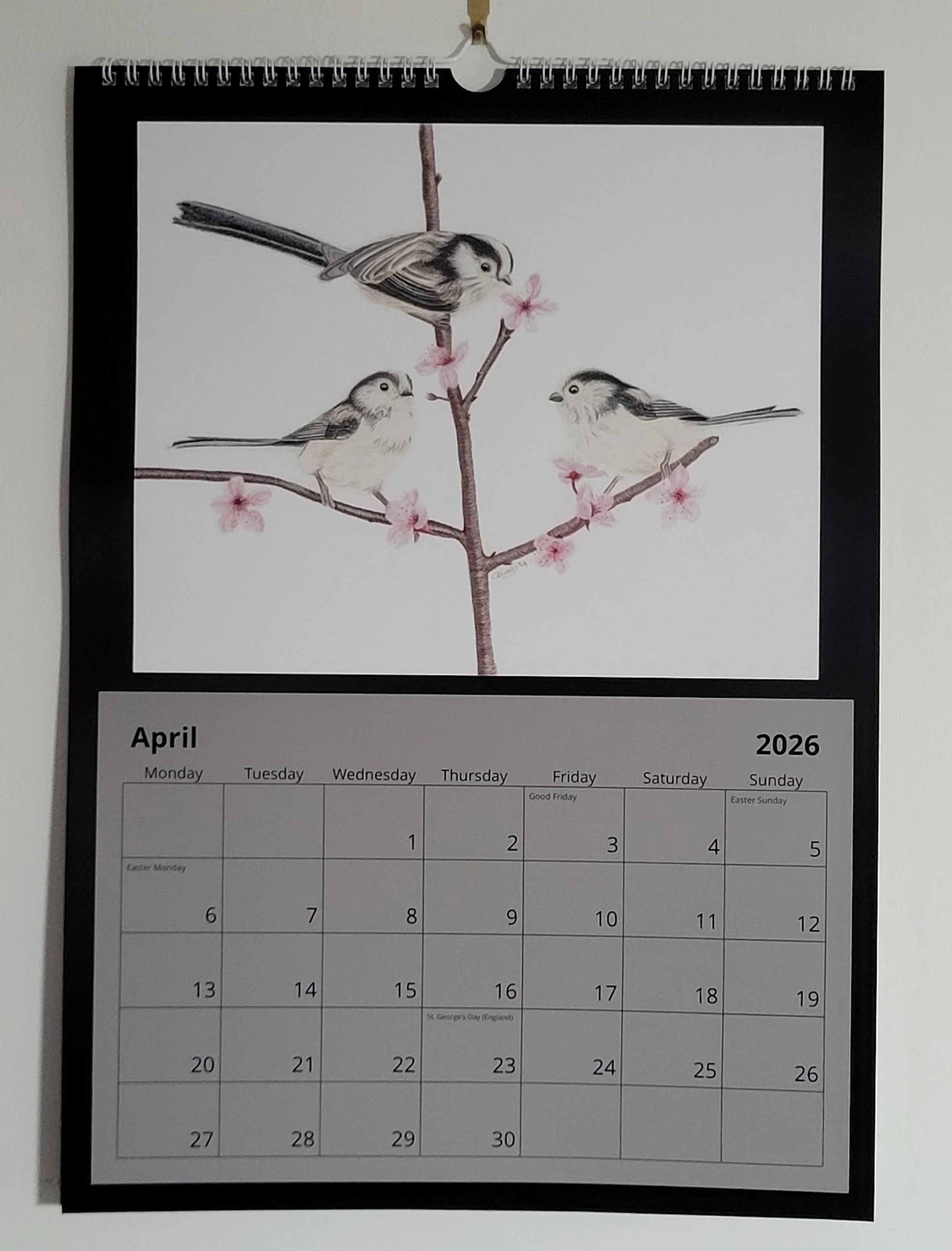 2026 British wildlife A3 wall calendar. A small flock of long tailed tits are featured for April.