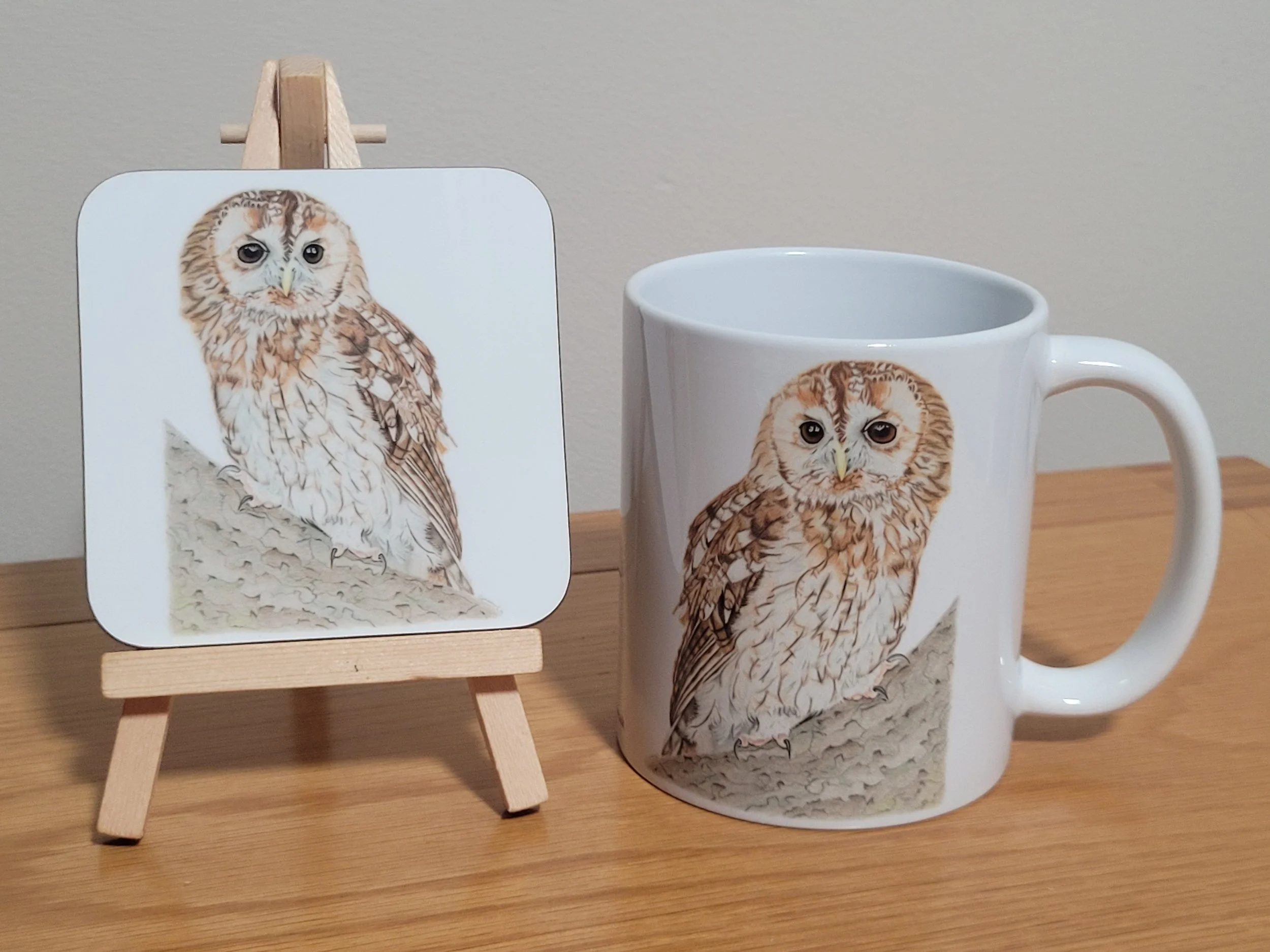 Tawny owl mug and coaster set.