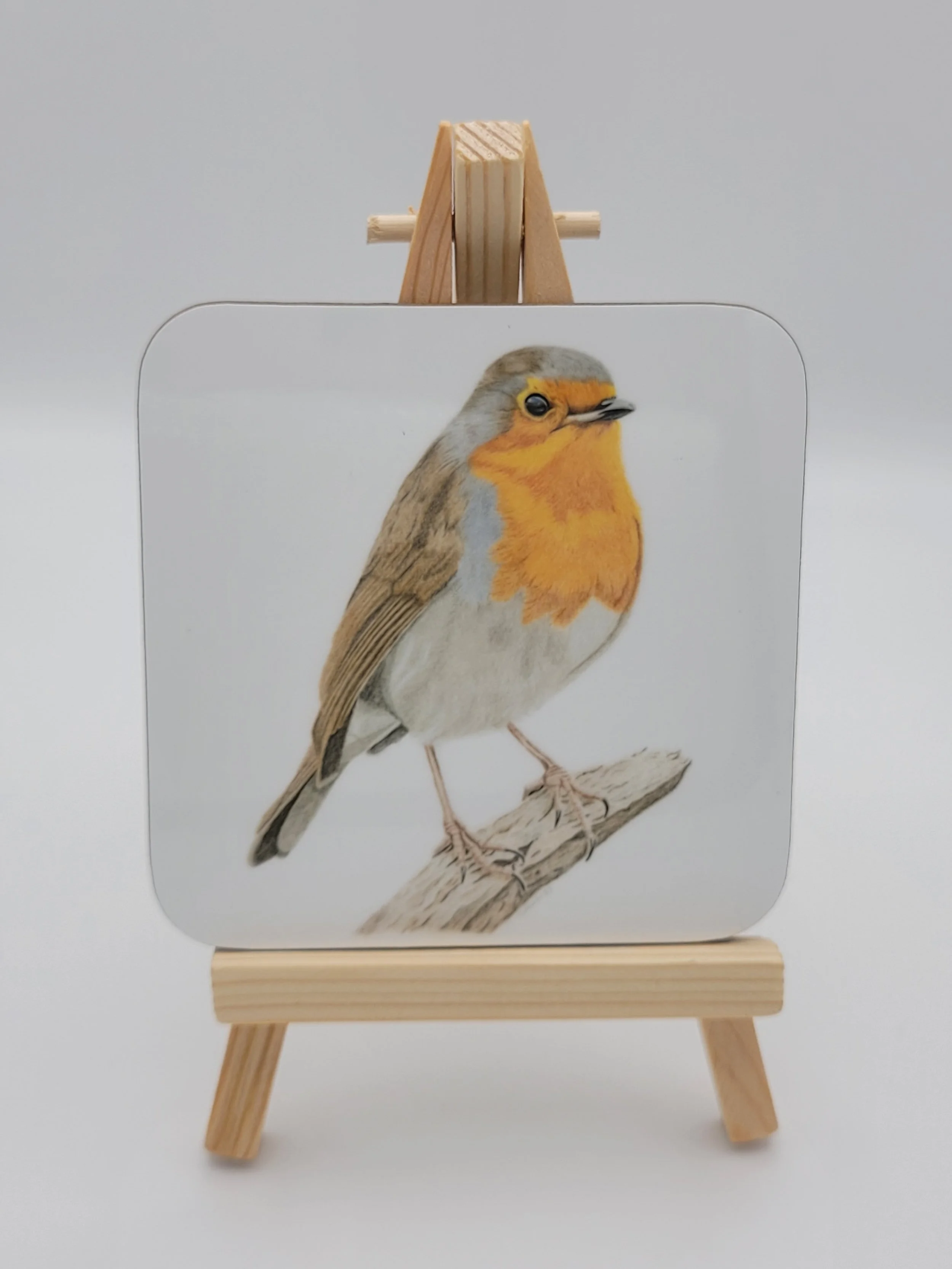Individual glossy robin coaster (9cm square).