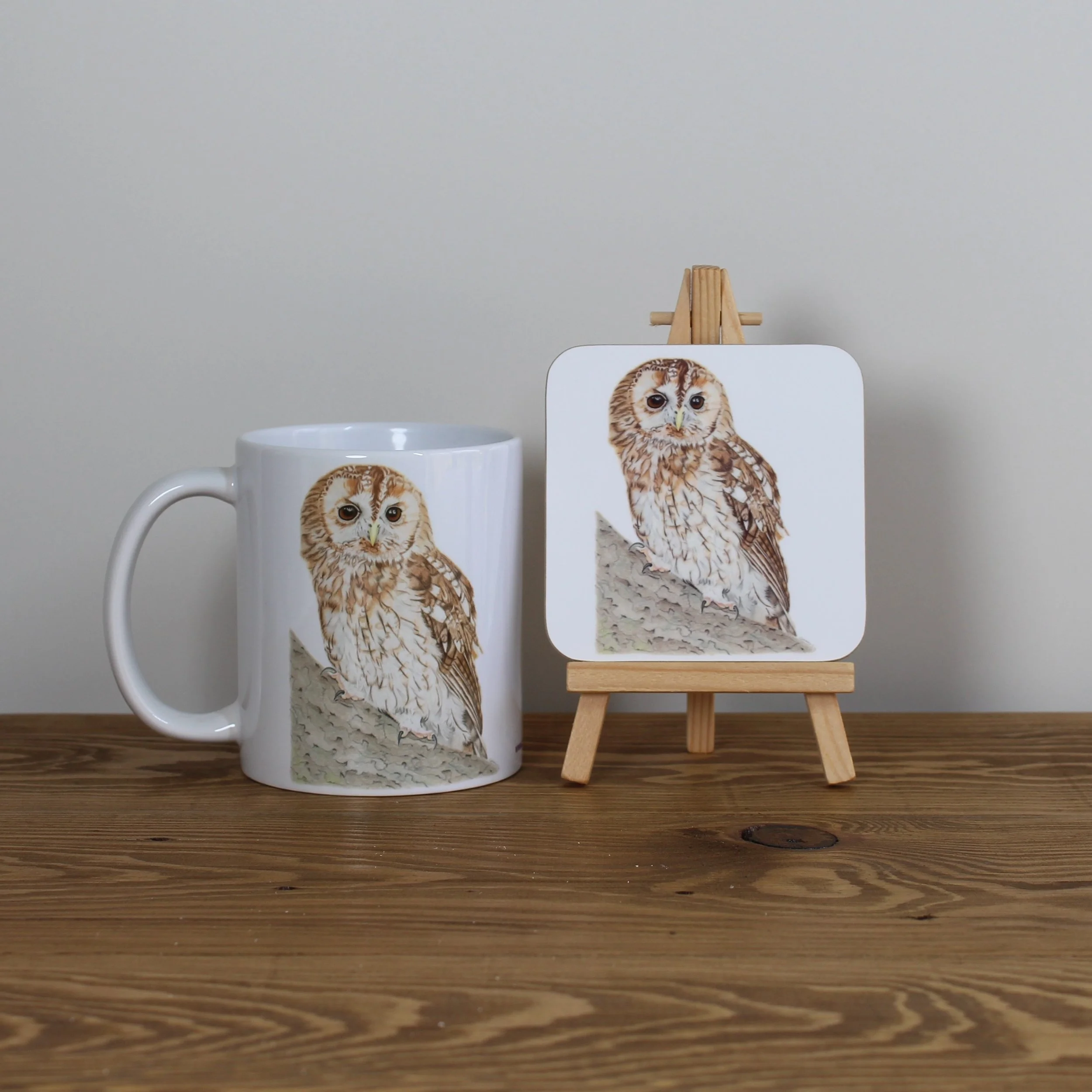 Tawny owl white 11oz ceramic mug and matching coasters.