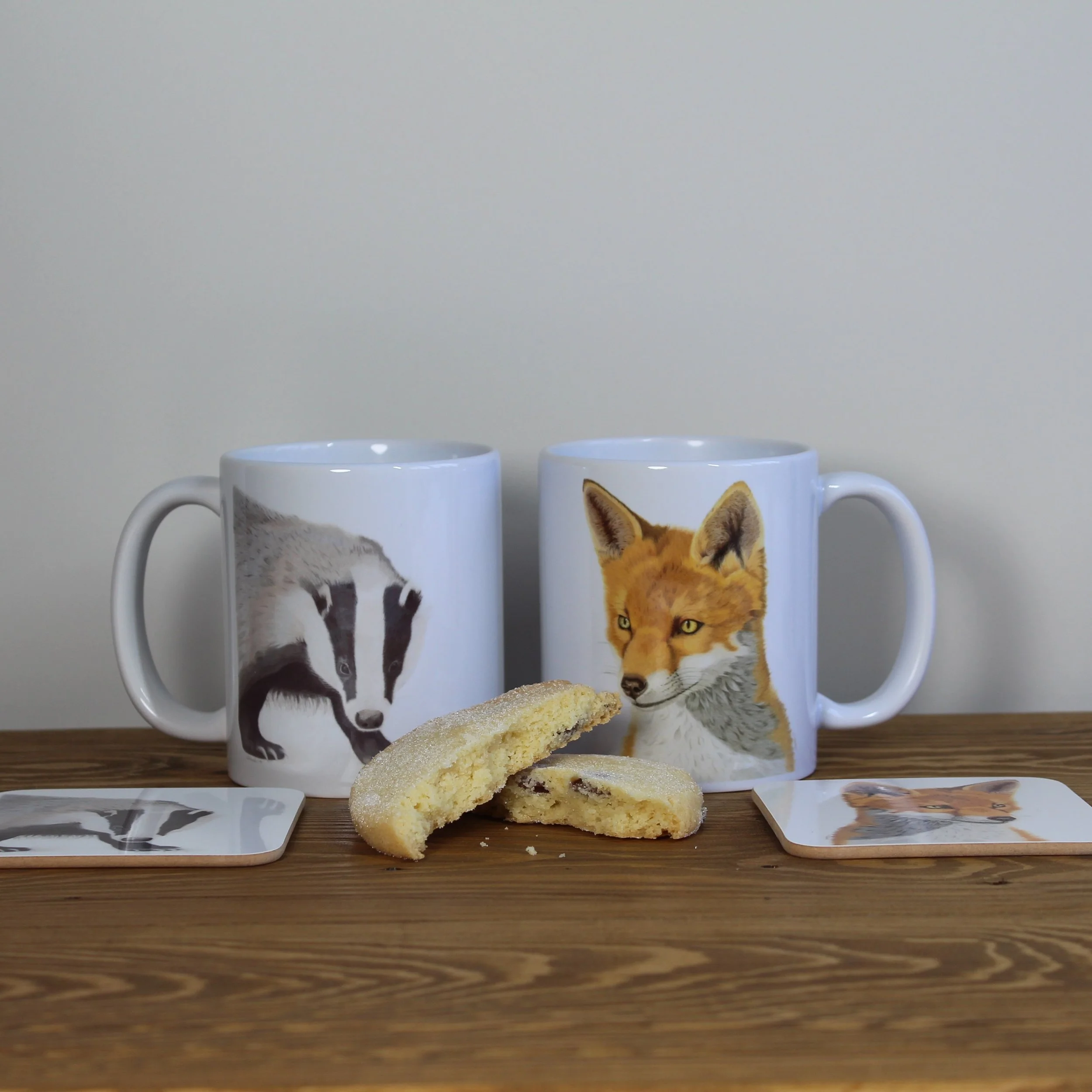 Badger  and fox mug and coaster gift sets.