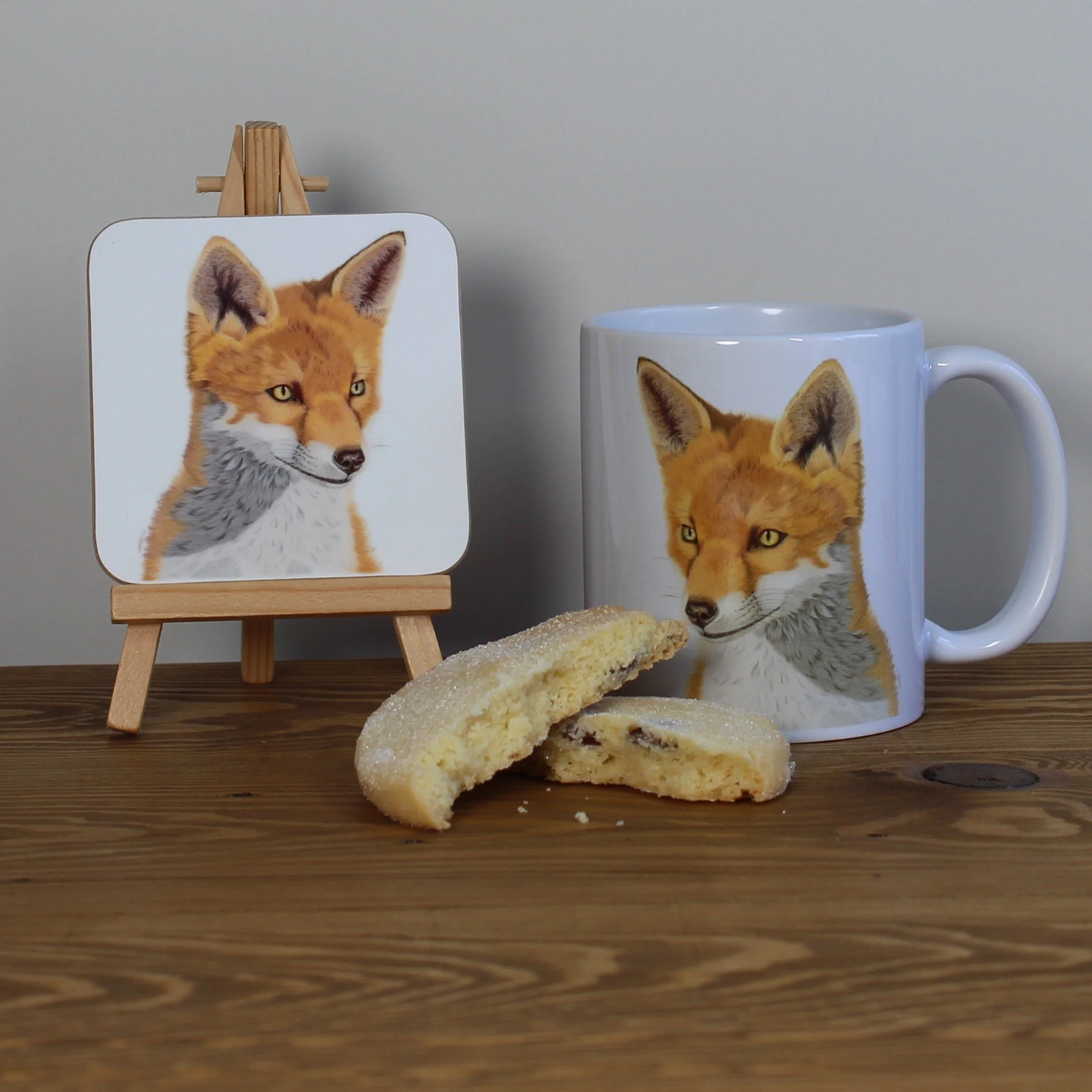 Individual glossy gazing fox coaster and matching mug.