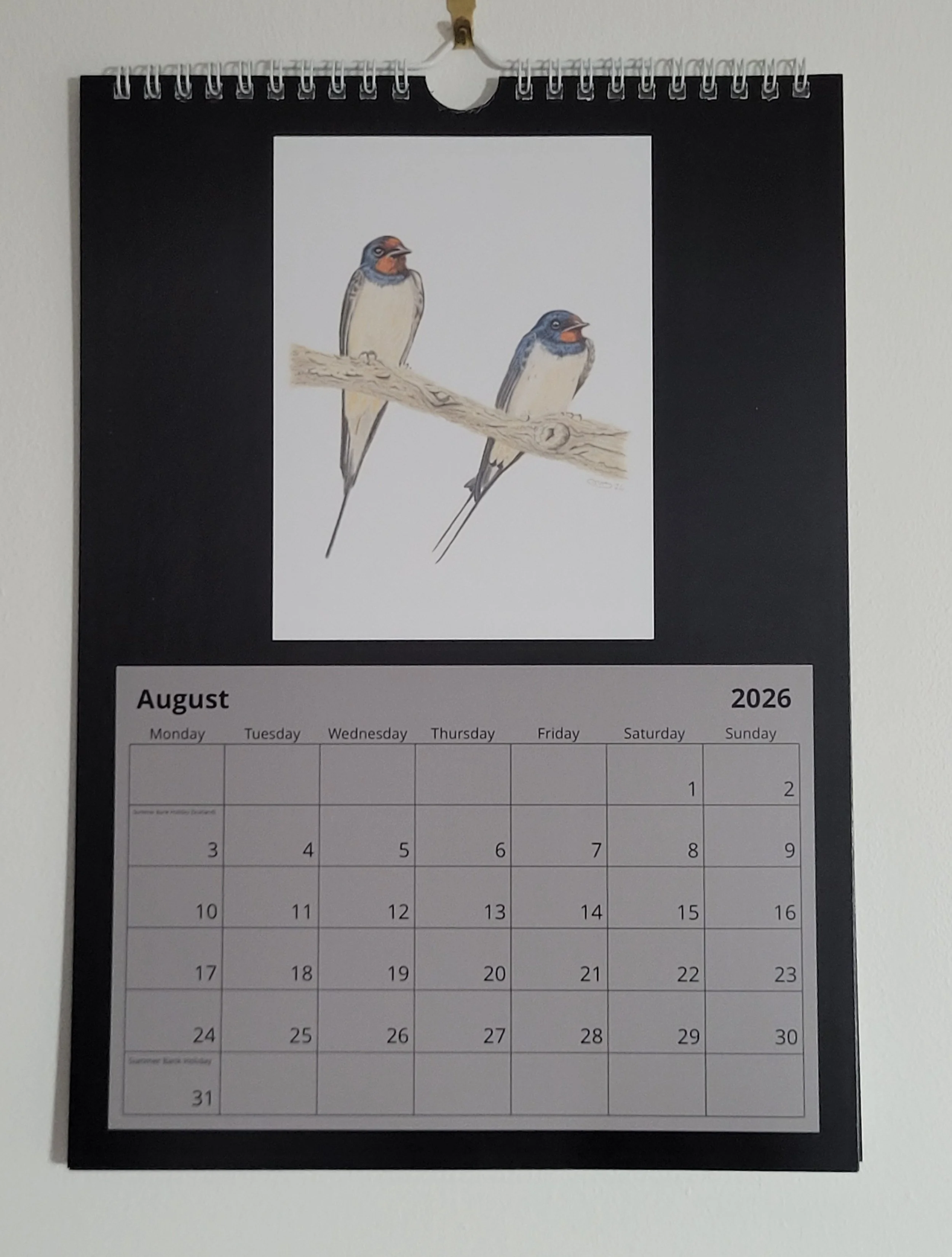 2026 wall calendar with British wildlife artwork. A pair of swallows are pictured for August.