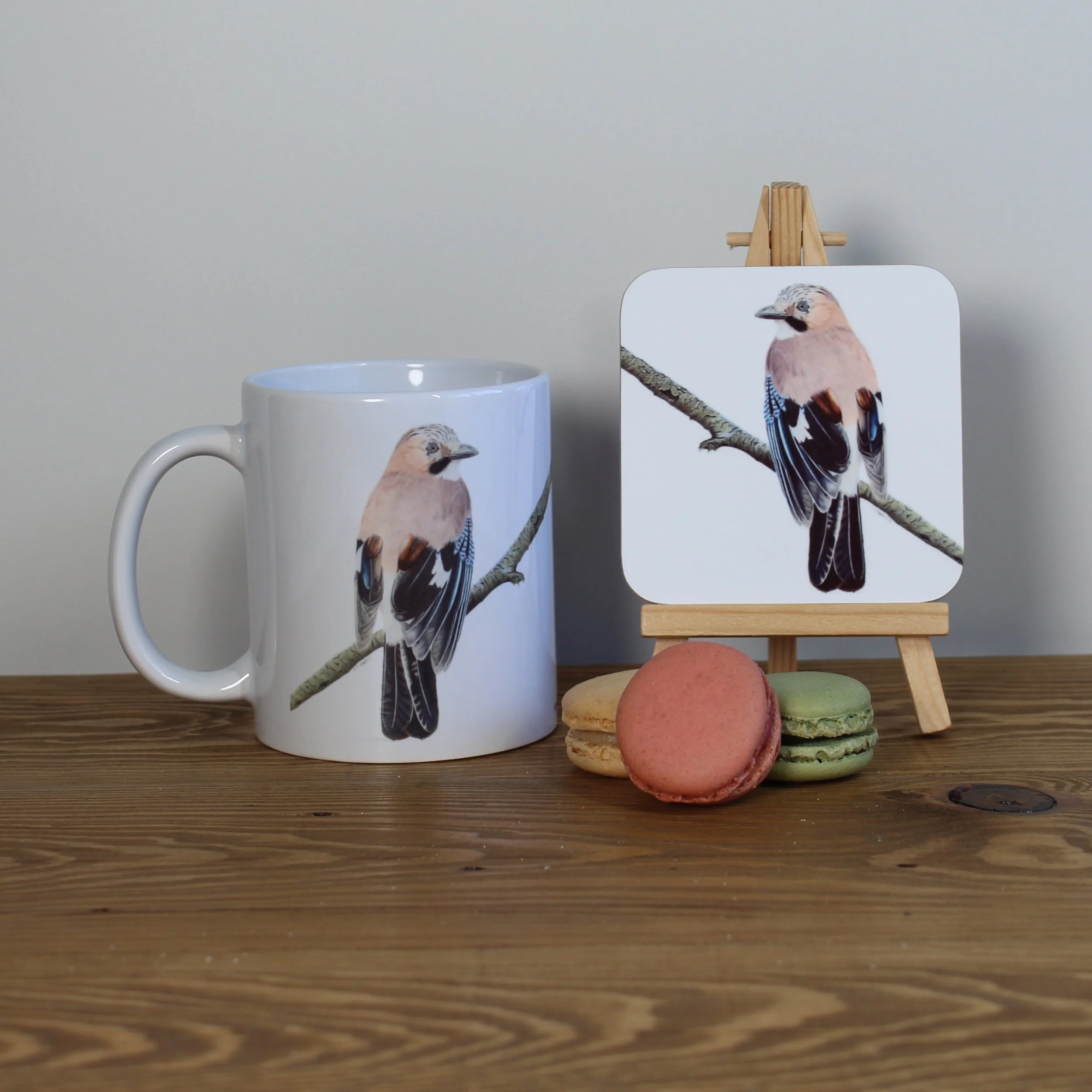 Jay white 11oz ceramic mug and matching coaster.