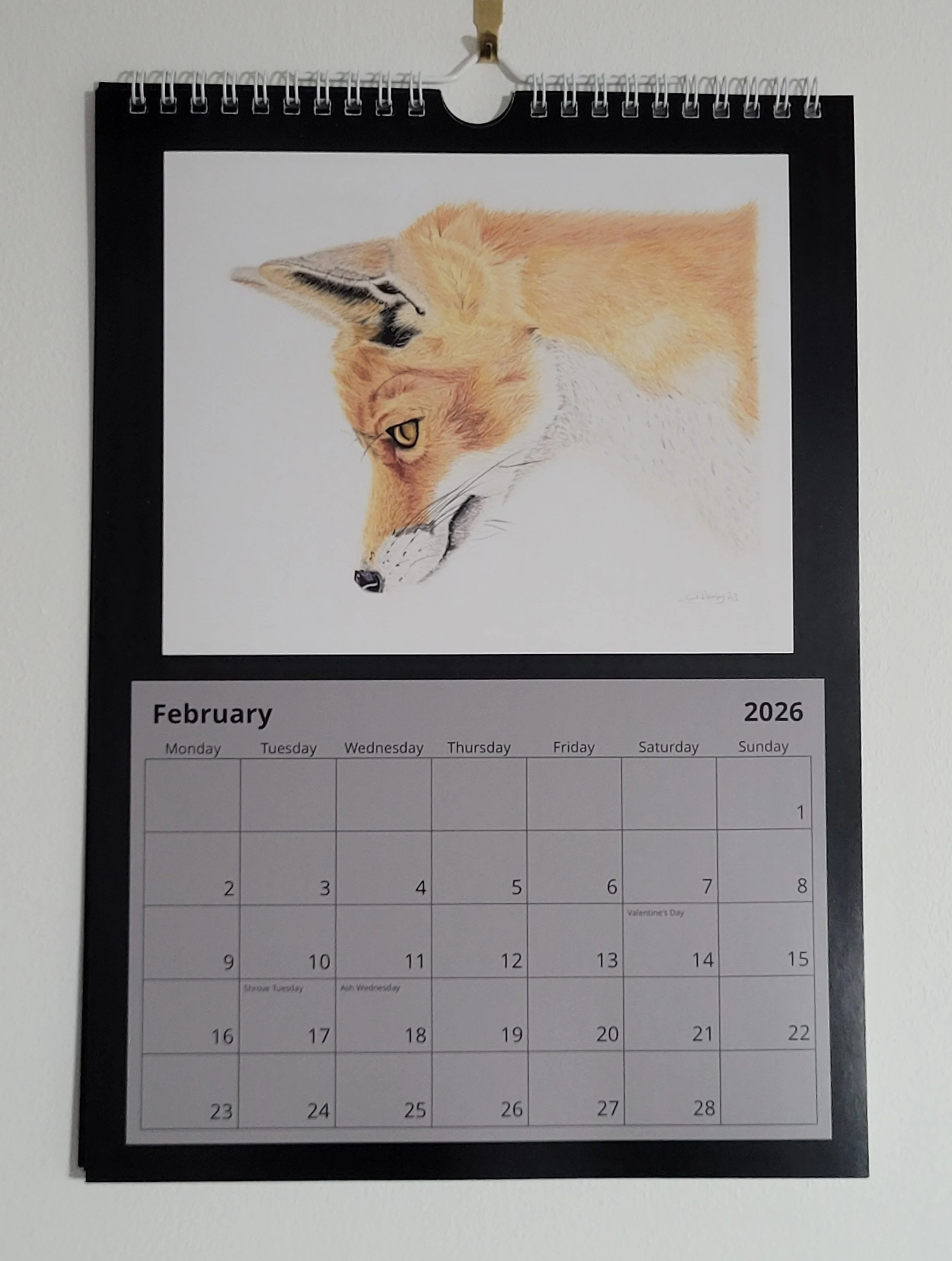2026 wall calendar with British wildlife artwork. A fox features for February.