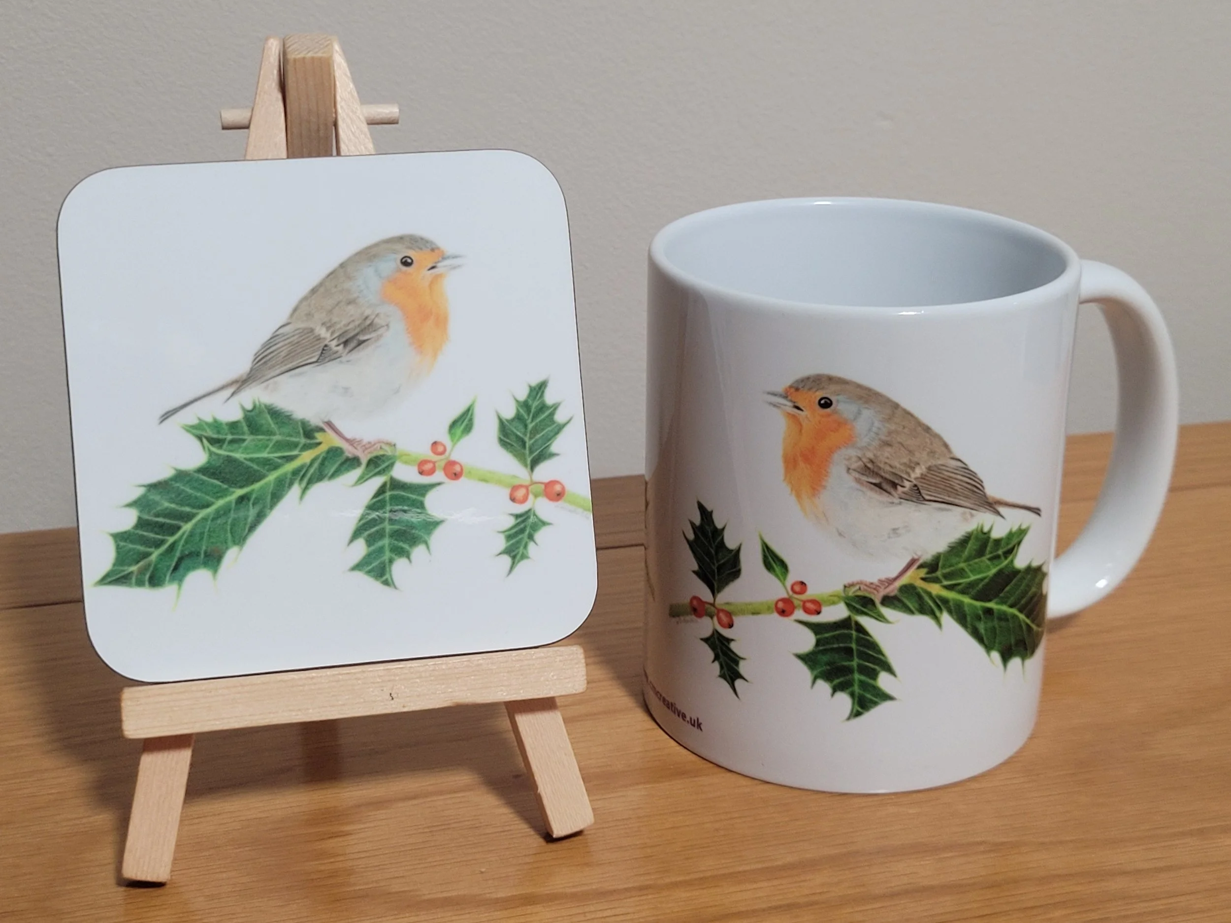 Robin on holly mug and coaster gift set