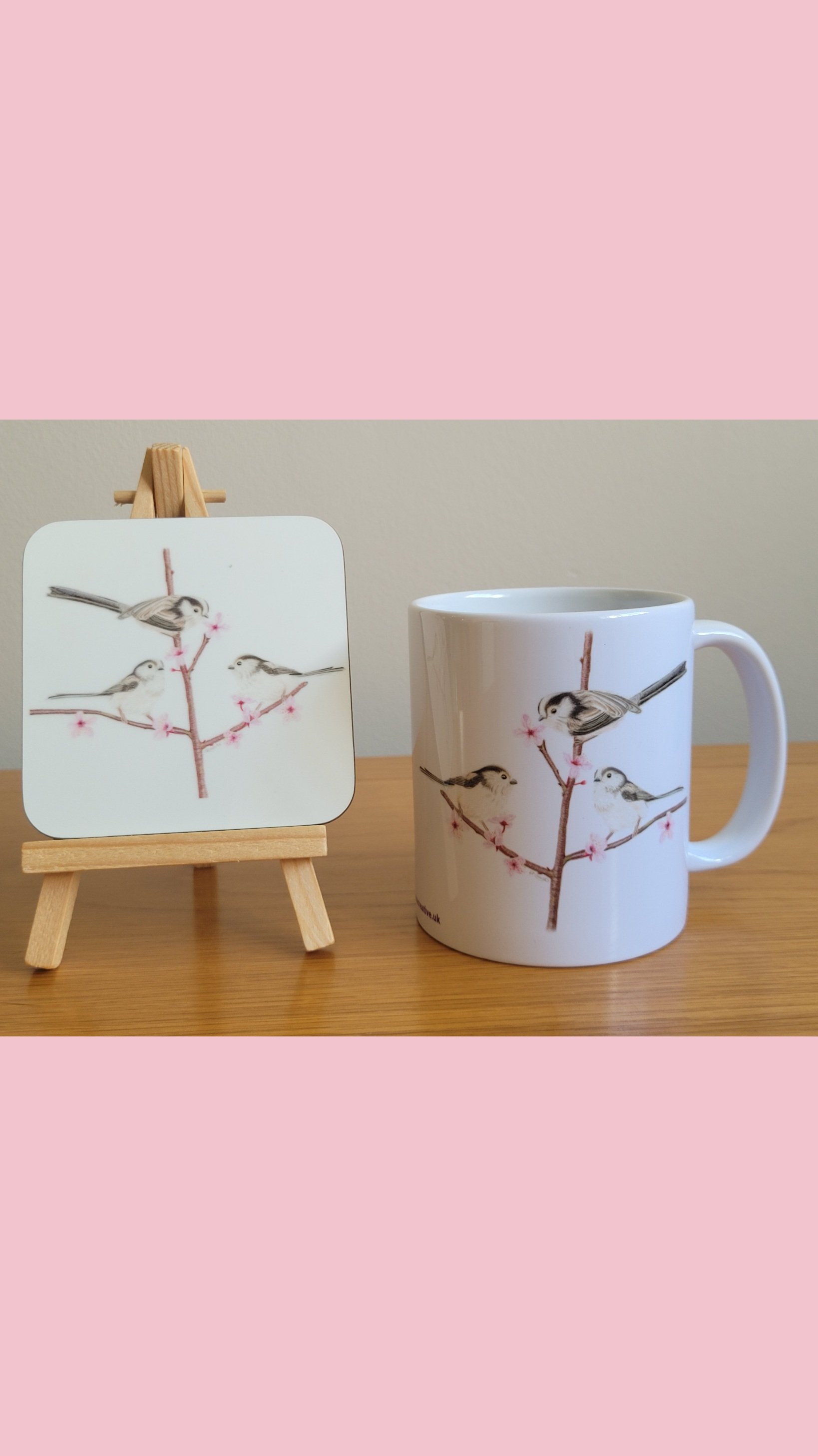 Long tailed tits mug and coaster set.