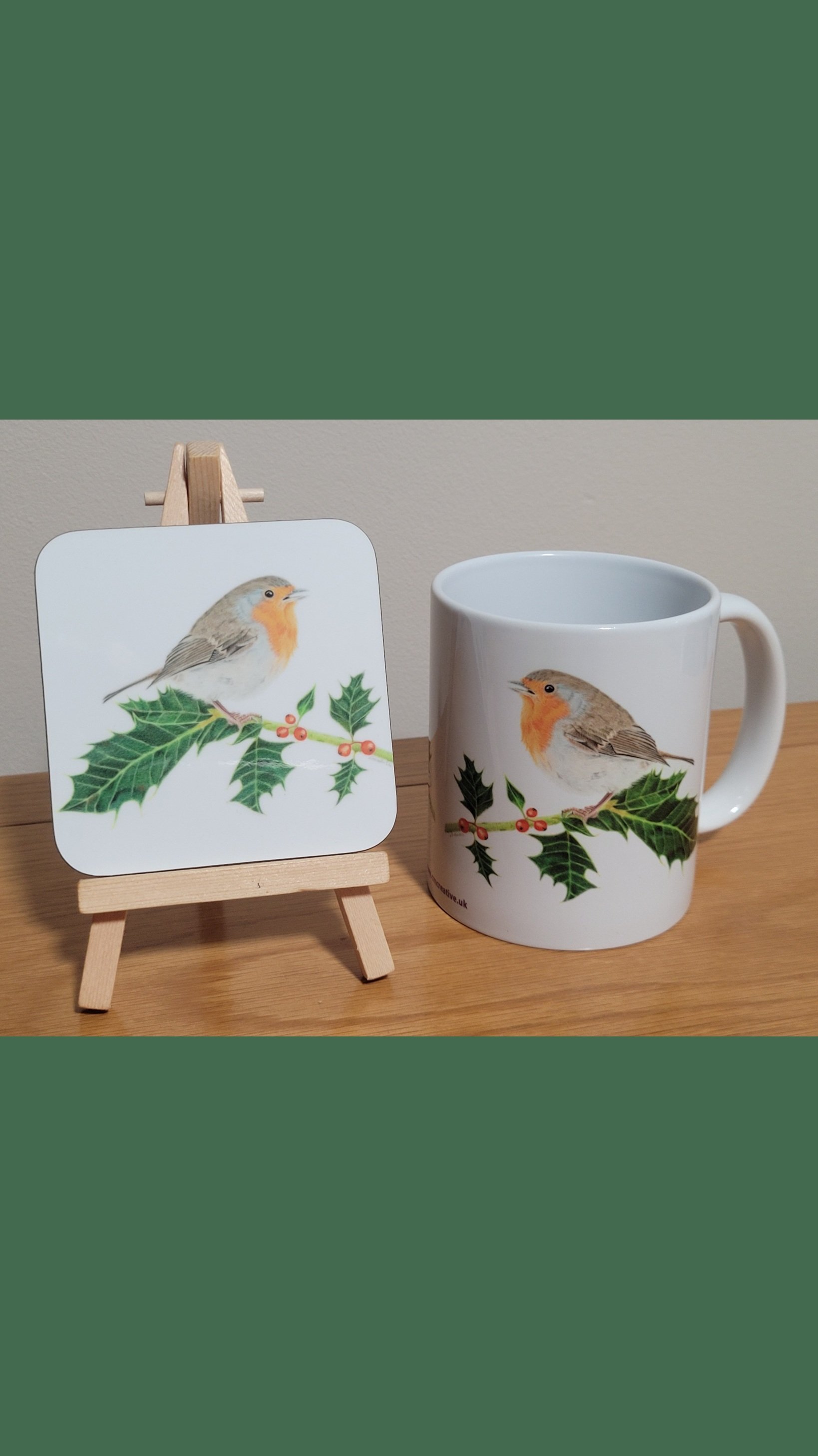 Robin on holly mug and coaster set.