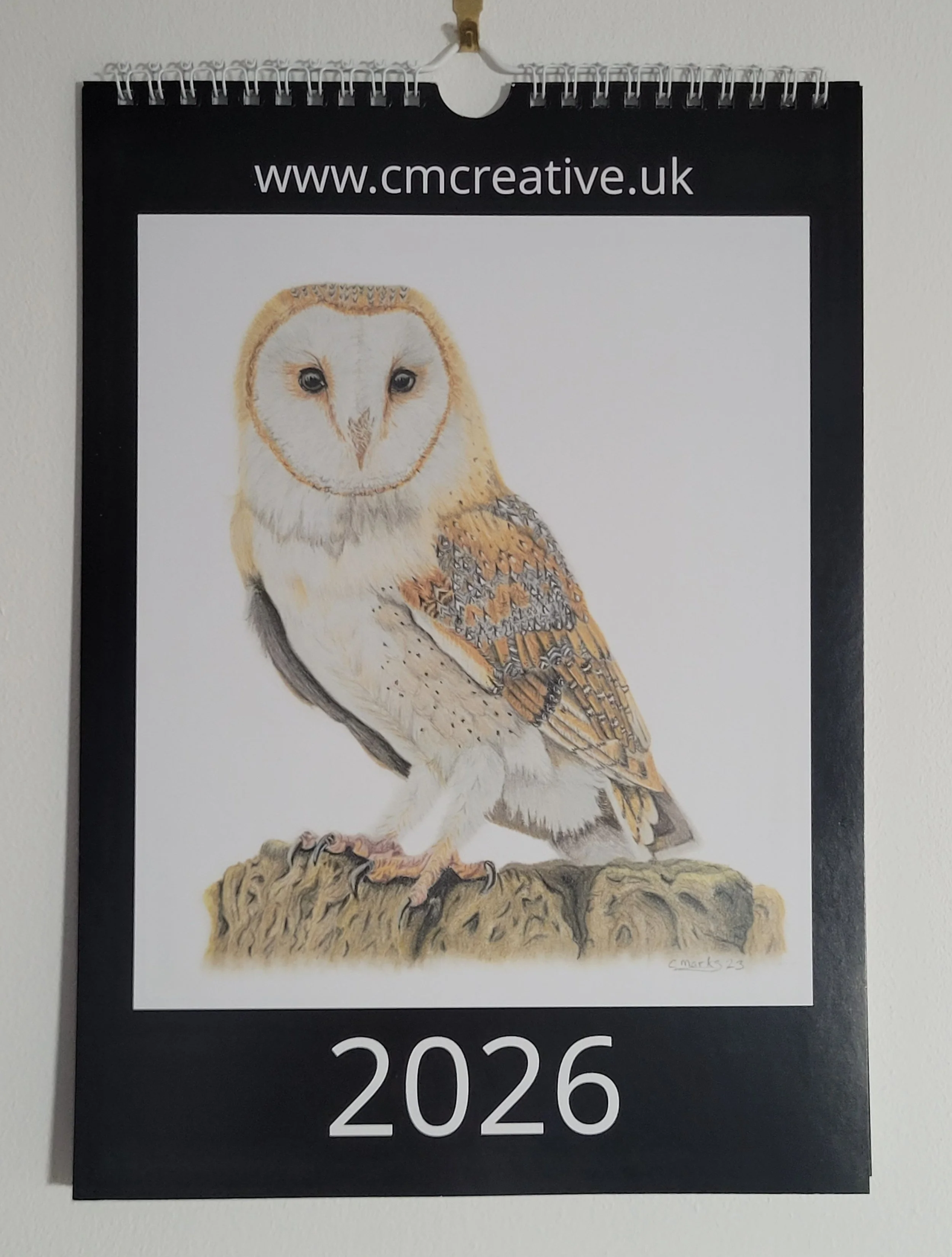 2026 wall calendar with British wildlife artwork. A barn owl is on the front.