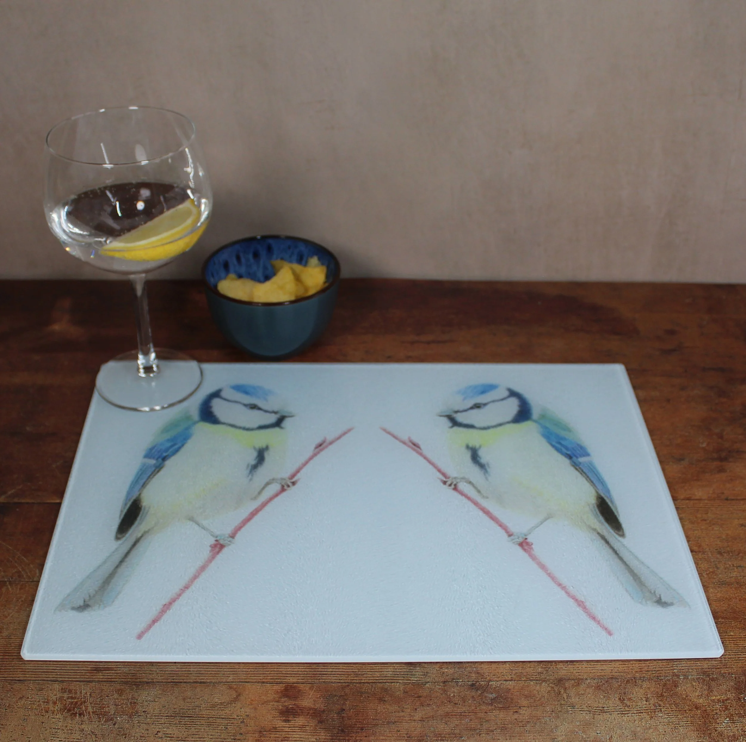Blue tit large glass chopping board / worktop saver.