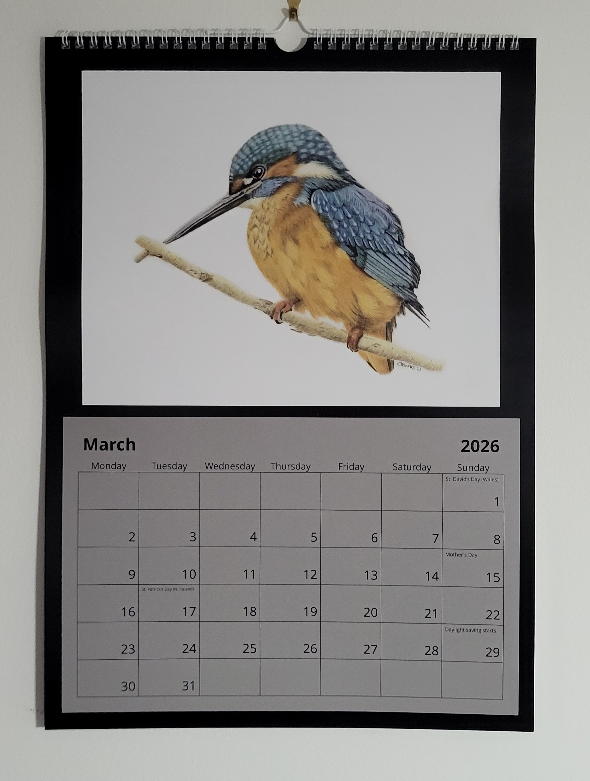 2026 British wildlife A3 wall calendar. A kingfisher is featured for March.
