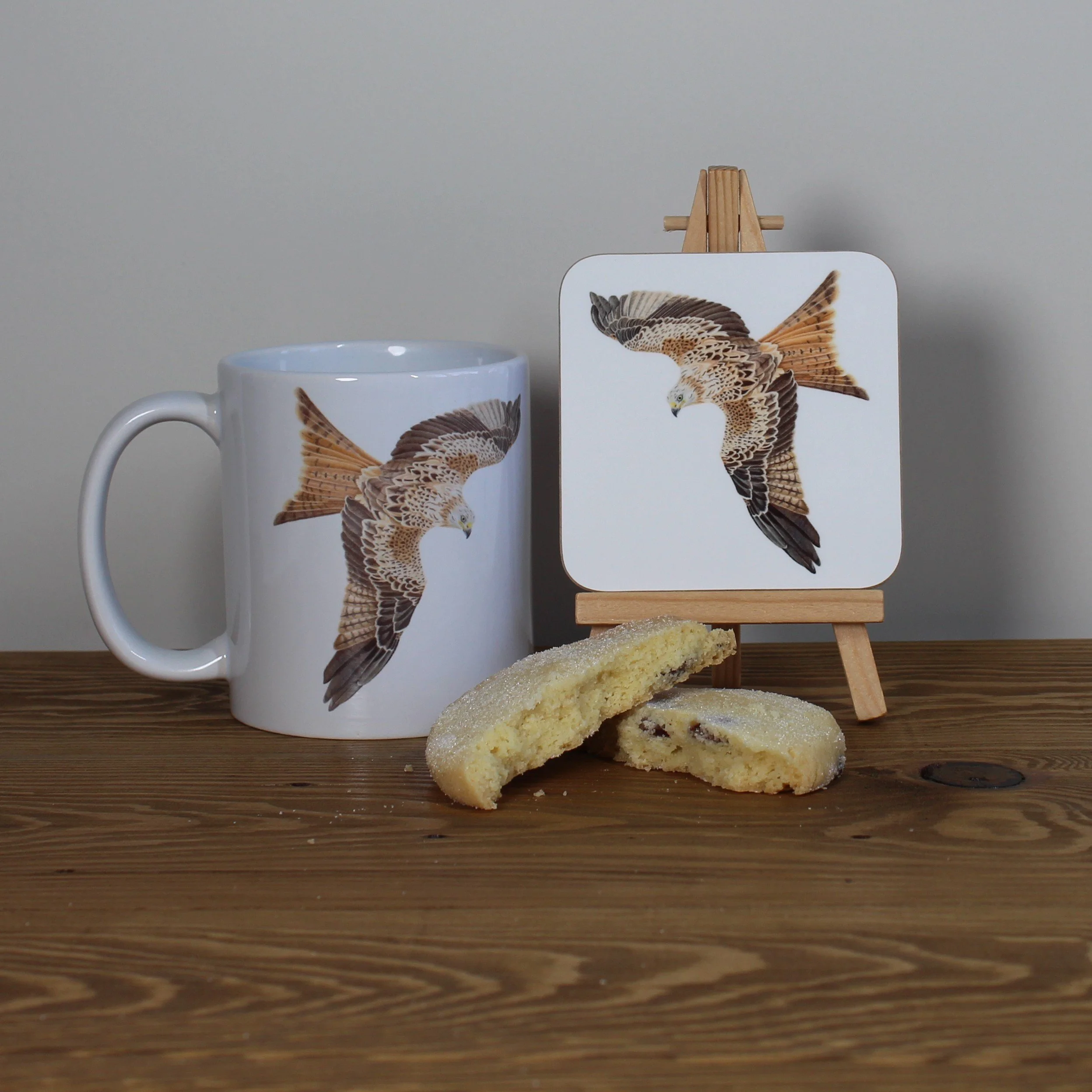 Red kite white 11oz ceramic mug with matching coaster.