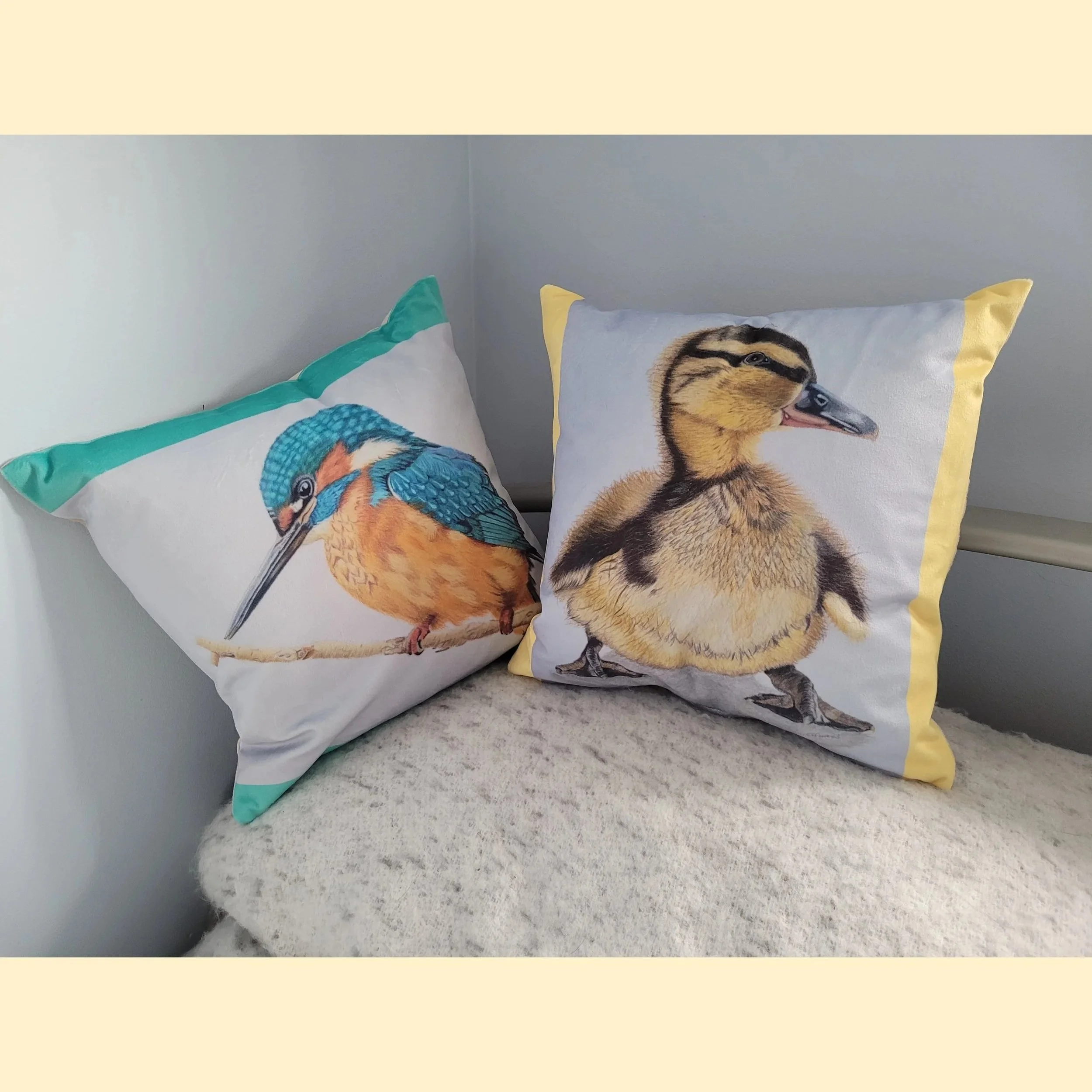 Kingfisher and duckling soft cushions.