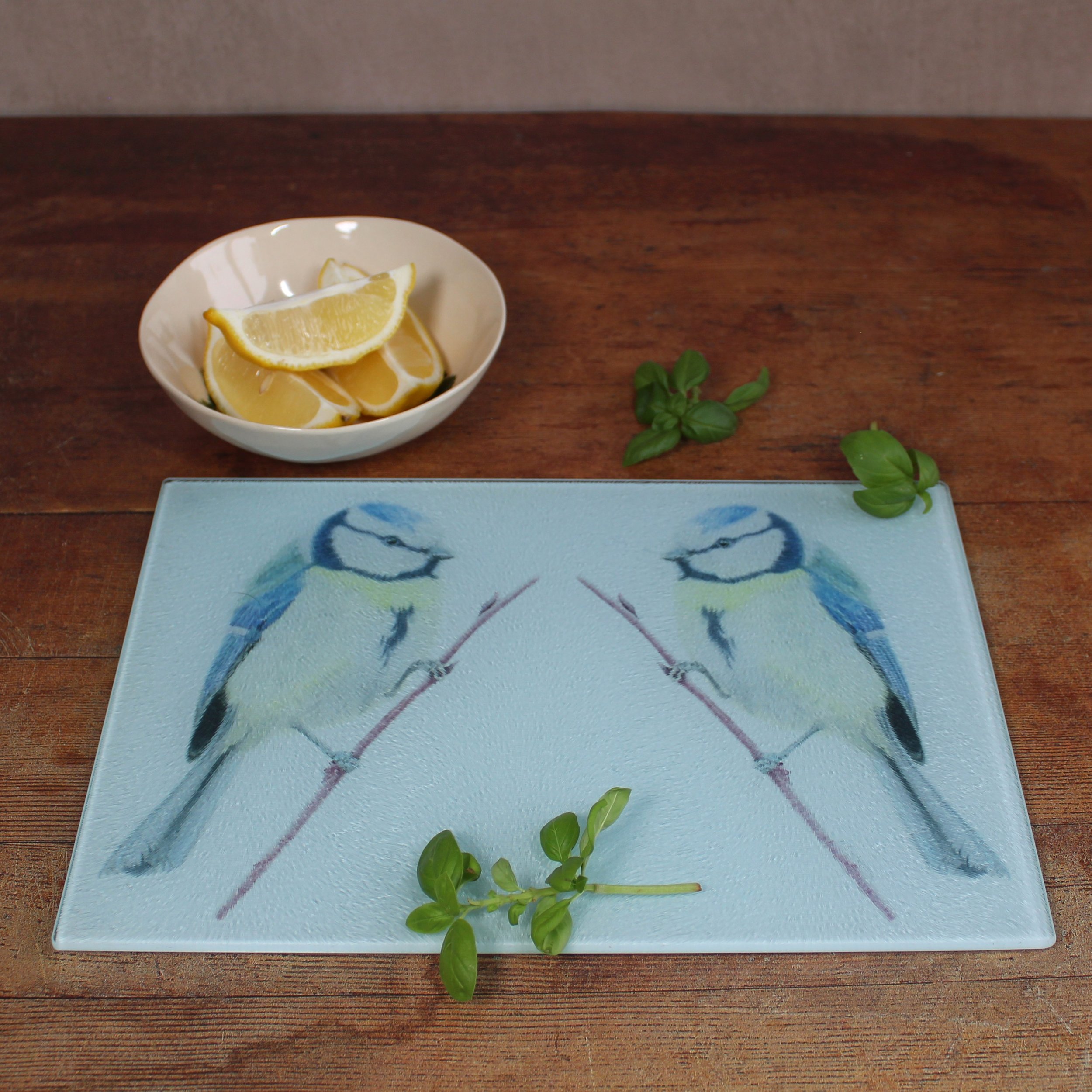 Blue tit small glass chopping board / worktop saver