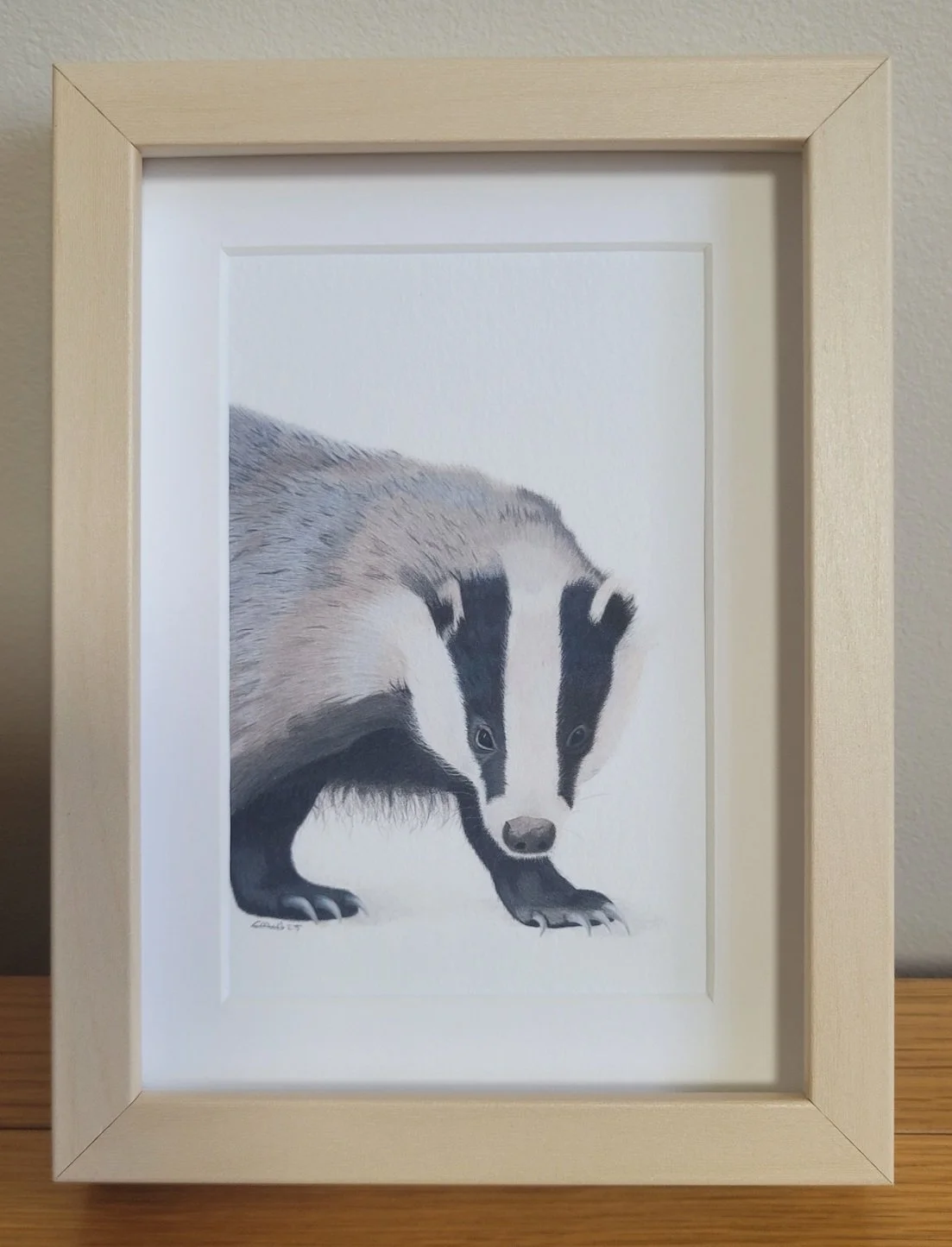 A framed print of a badger.