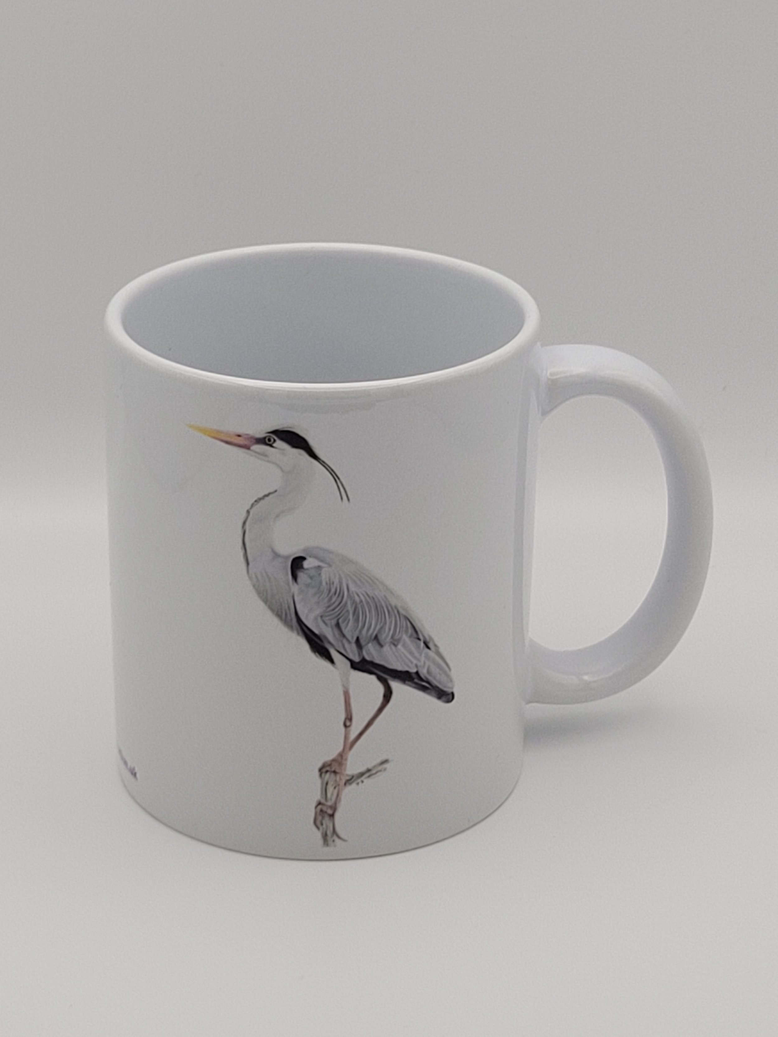 A heron ceramic white 11oz mug.