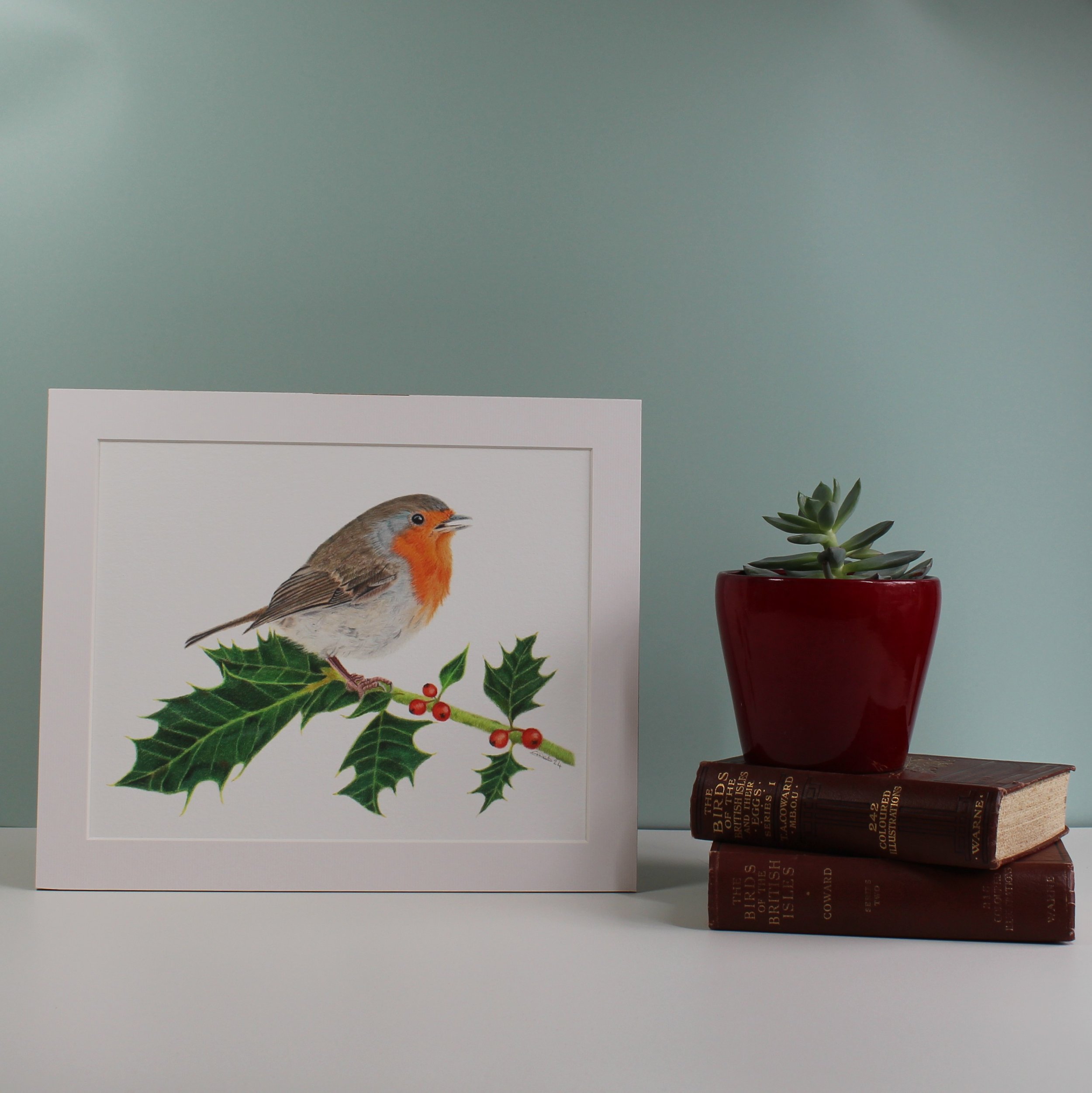 Robin on holly fine art print (mounted and unframed)