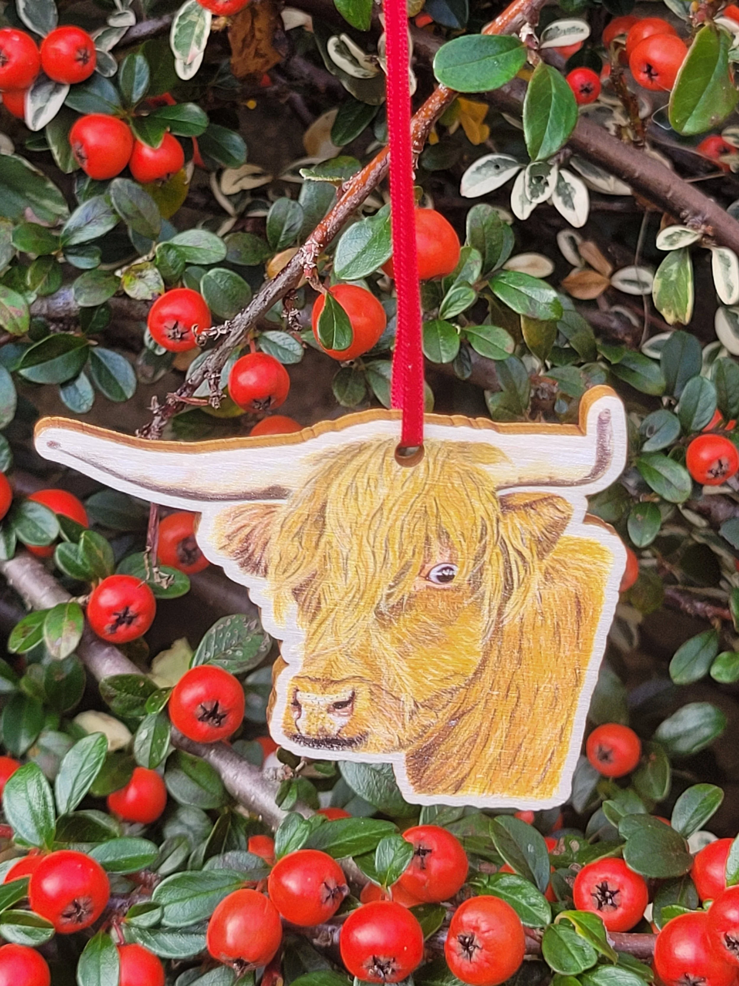 A highland cow wooden Christmas decoration with a red ribbon